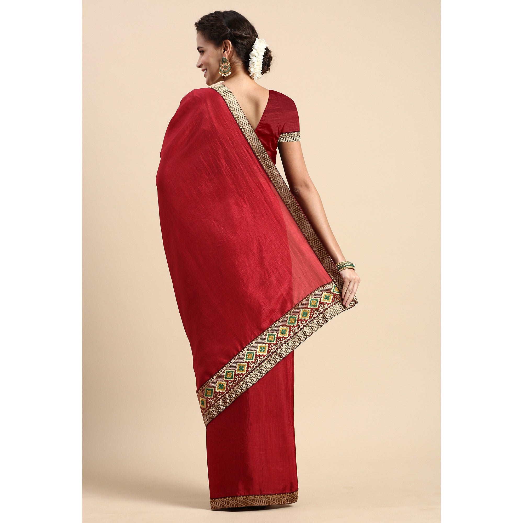 Maroon Solid Vichitra Silk Saree With Fancy Border