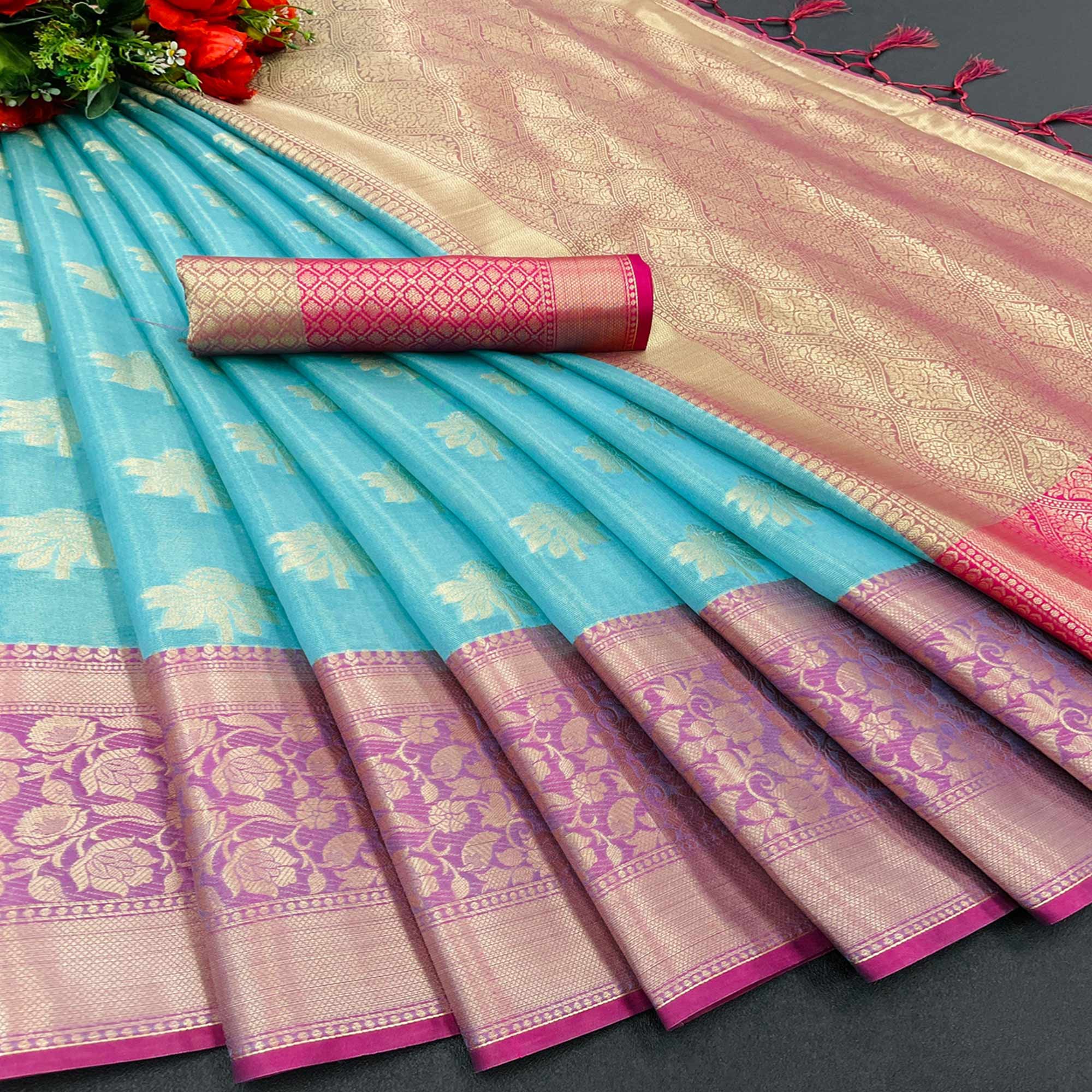 Blue Floral Woven Art Silk Saree With Tassels