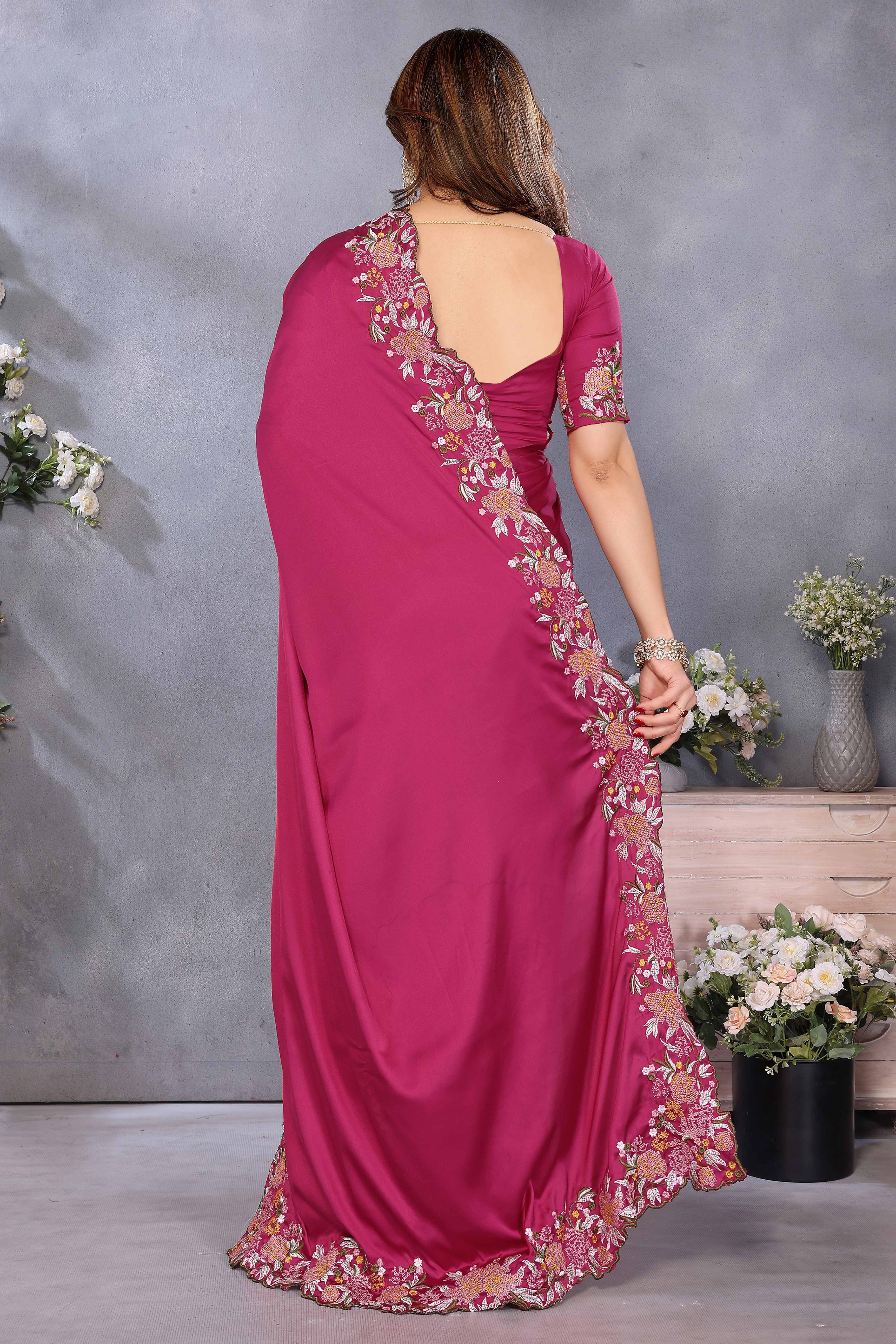 Rose Pink Satin Saree with Artistic Floral Embroidery and Soft Resham Detailing