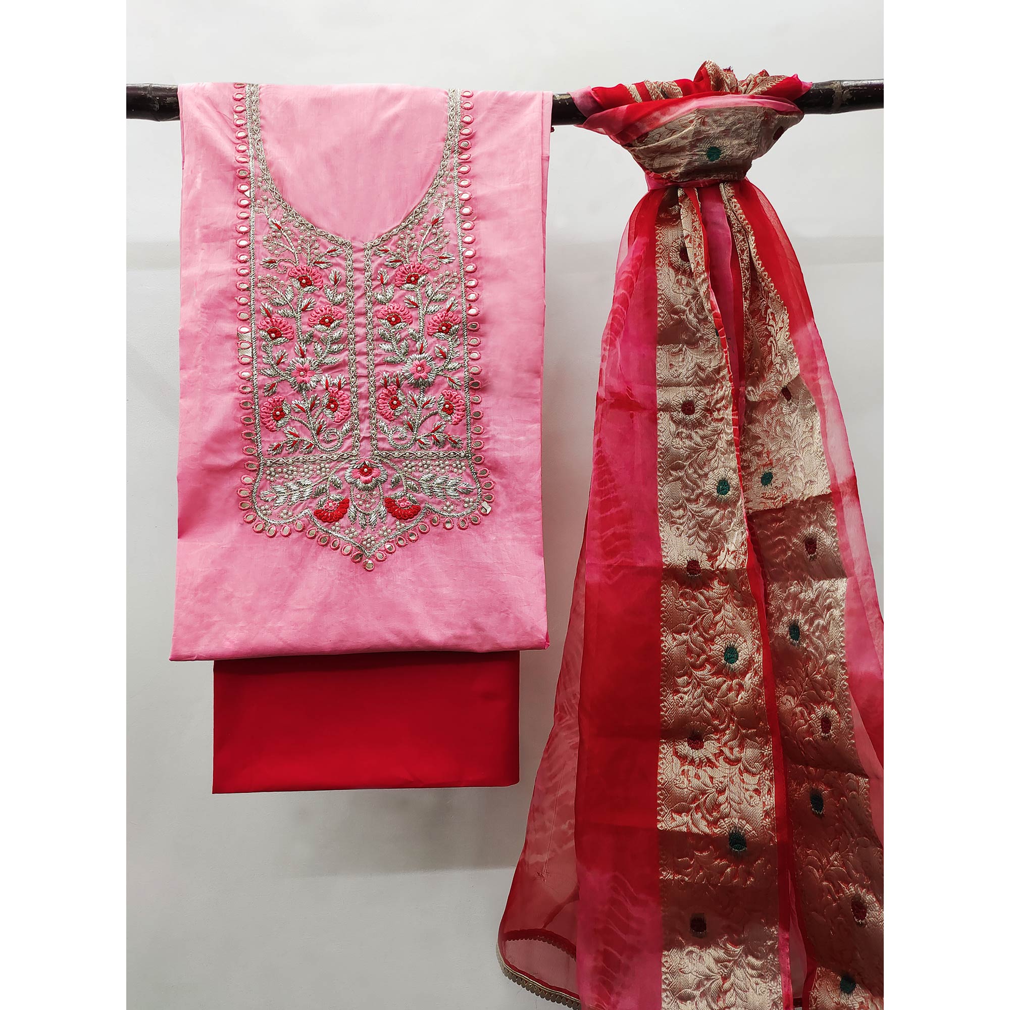Pink Floral Embroidered Pure Cotton Dress Material