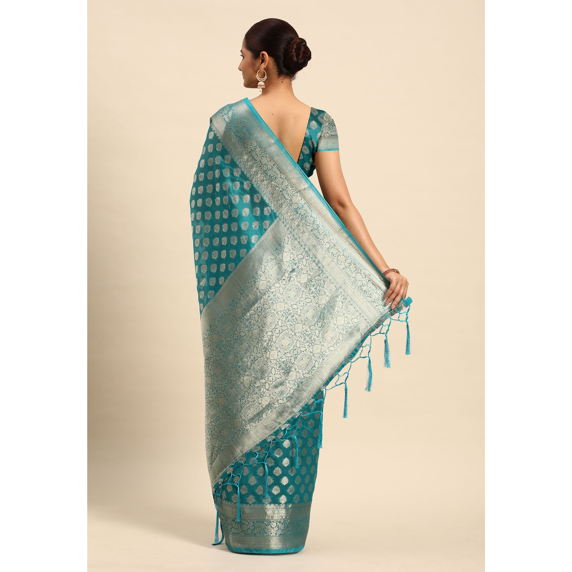 Turquoise Woven Organza Silk Saree With Tassels