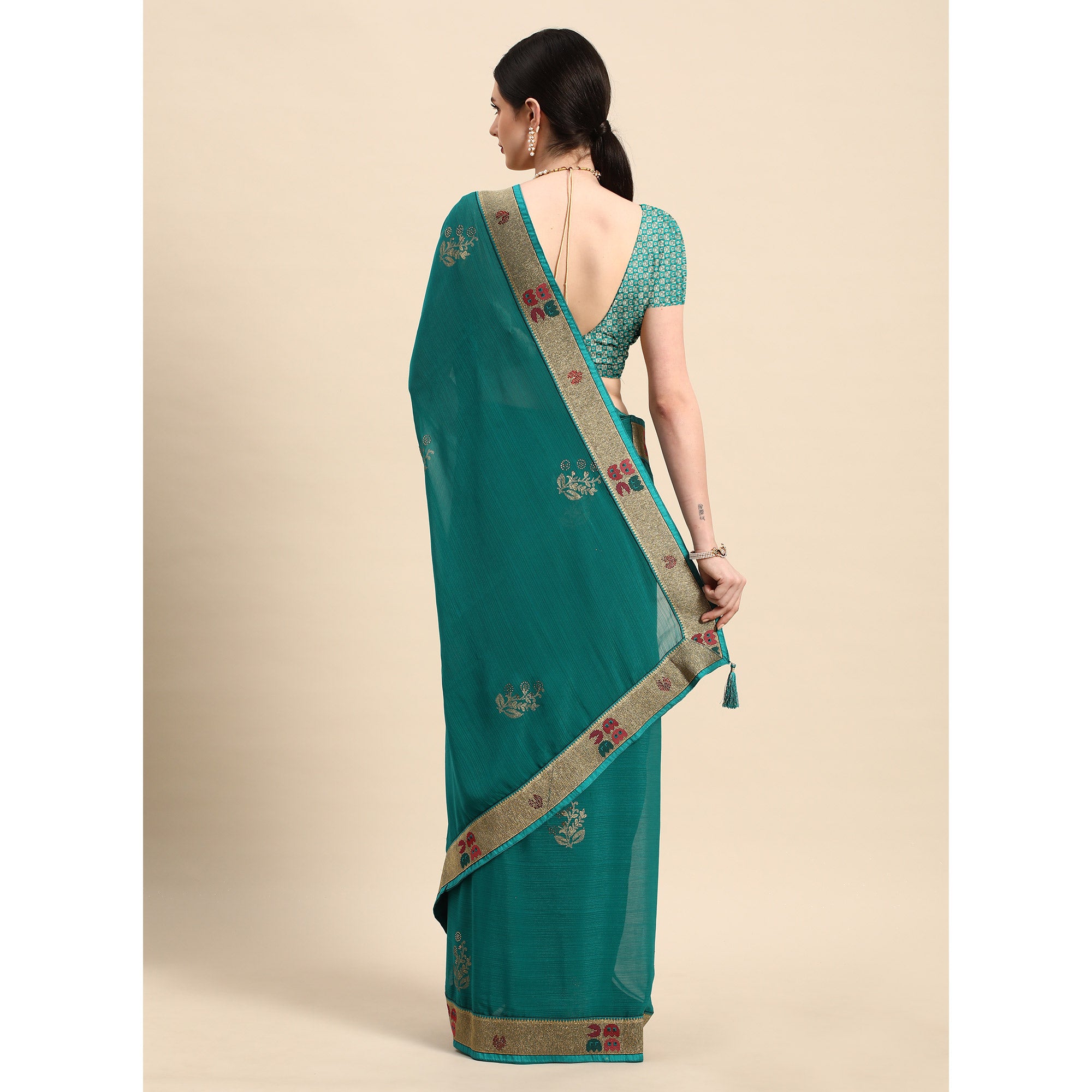 Turquoise Green Foil Printed With Swarovski Zomato Silk Saree