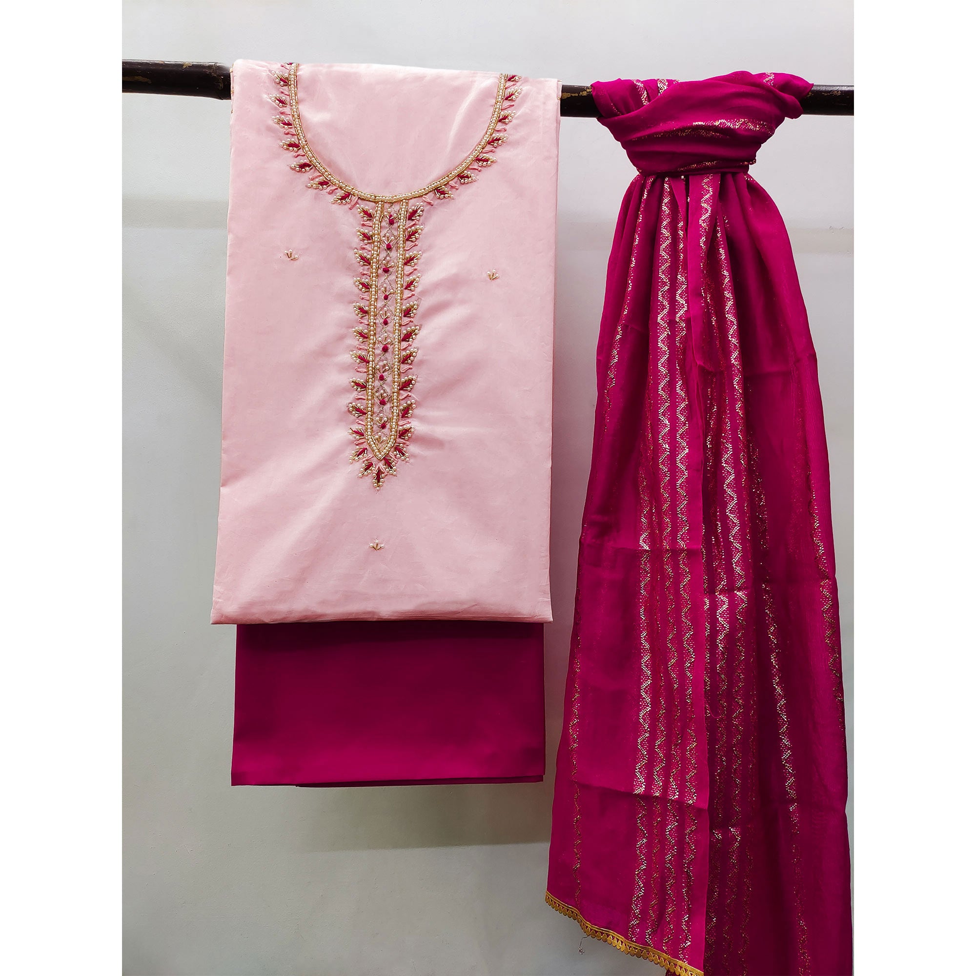 Pink Zardosi Moti Work Pure Cotton Dress Material