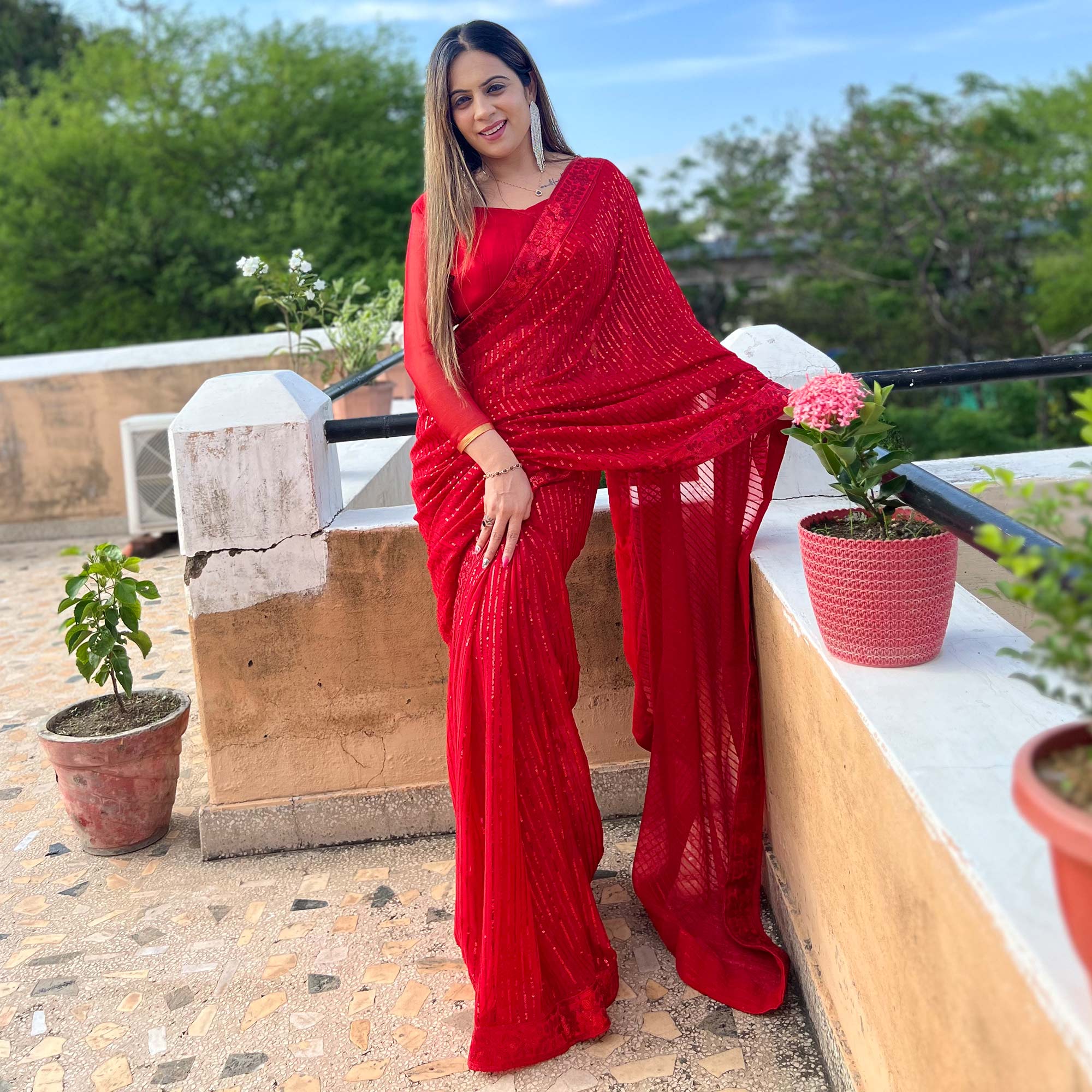 Red Sequins Embroidered Georgette Saree