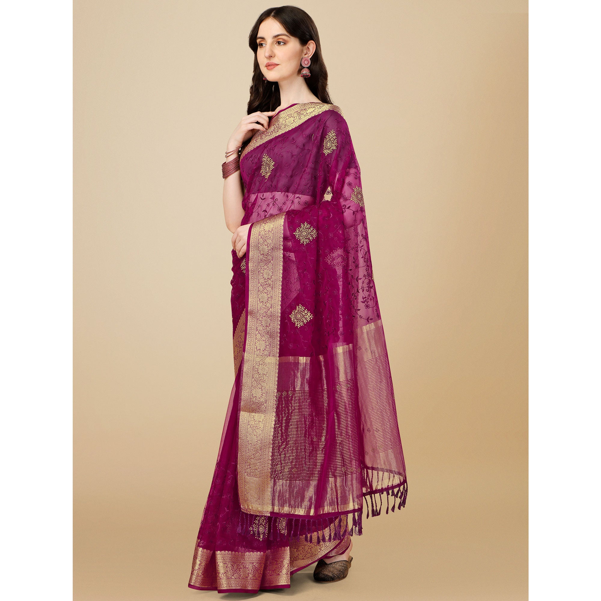 Purple Floral Embroidered Organza Saree