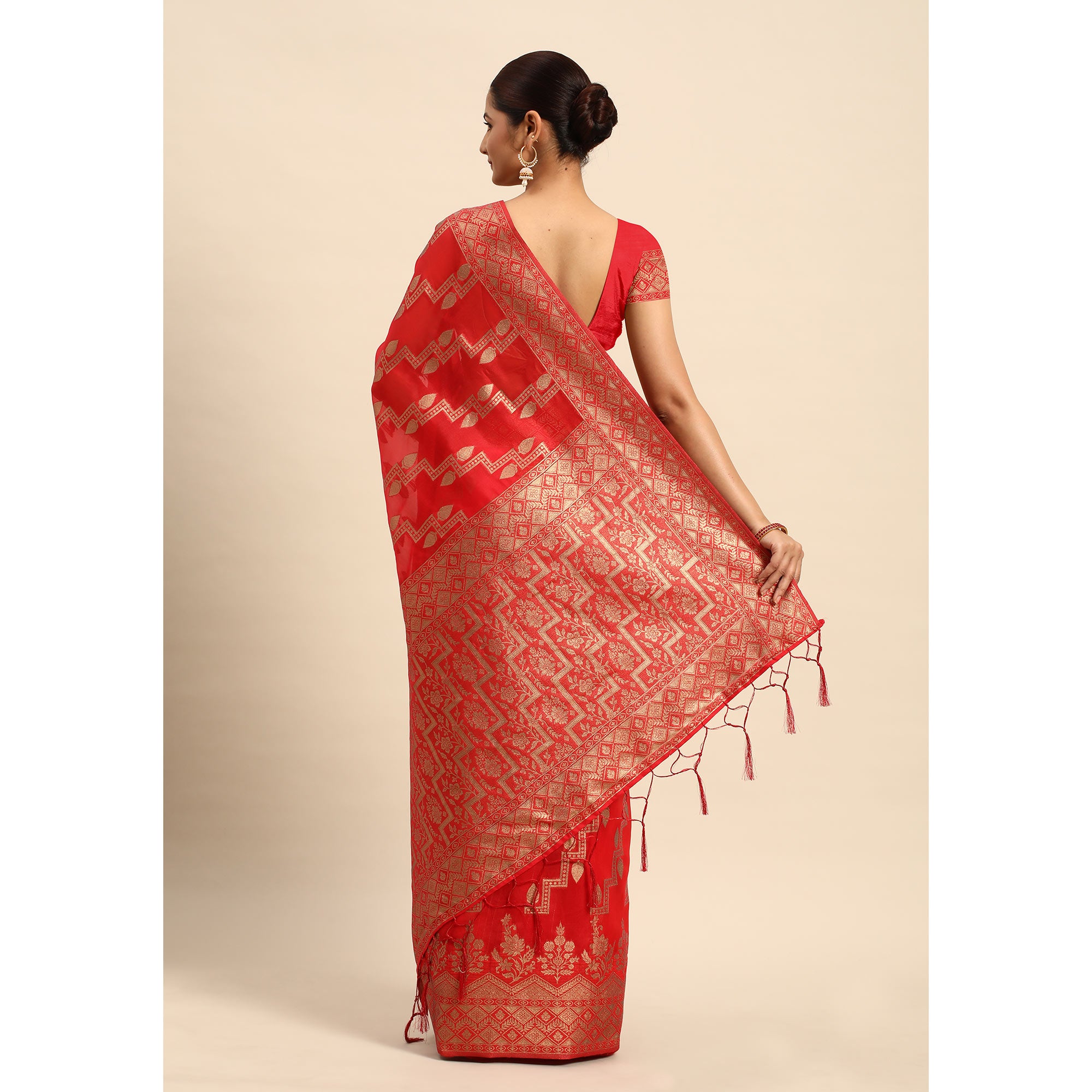 Red Floral Woven Organza Silk Saree With Tassels