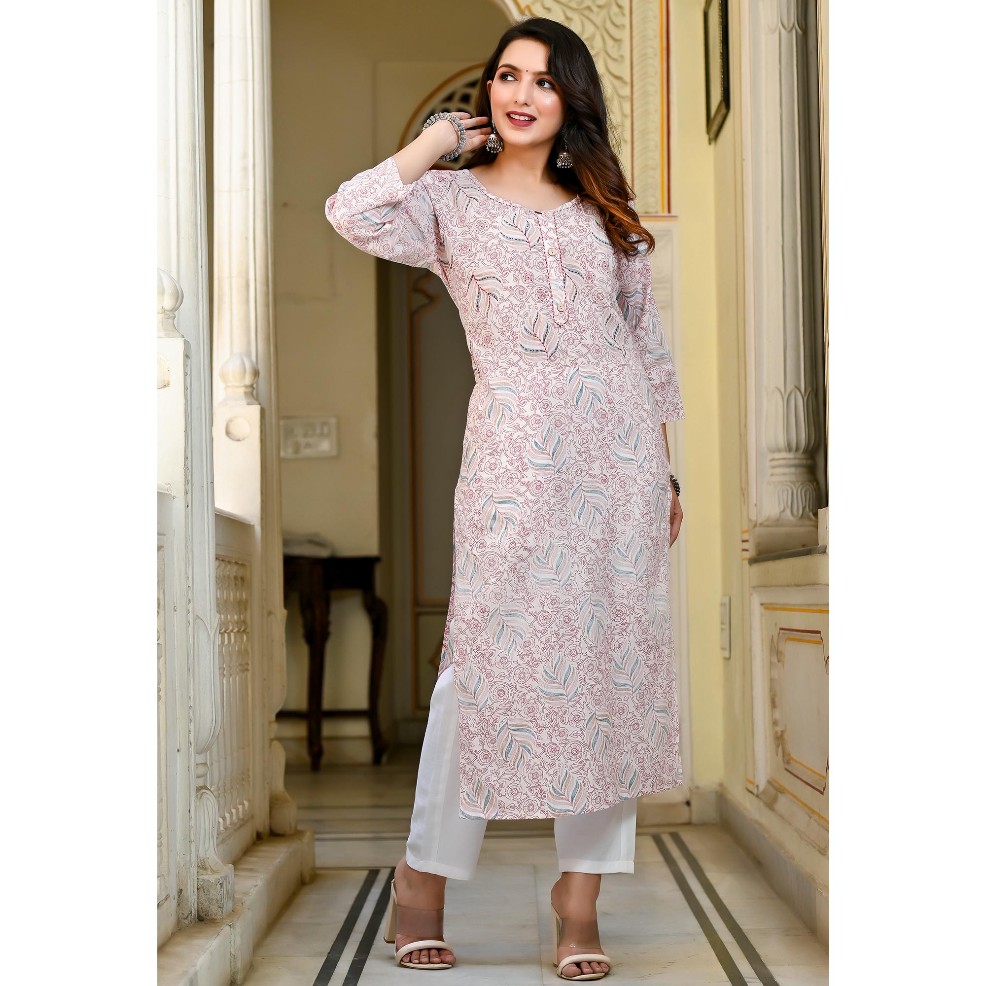 Pink & White Floral Printed Pure Cotton Kurti