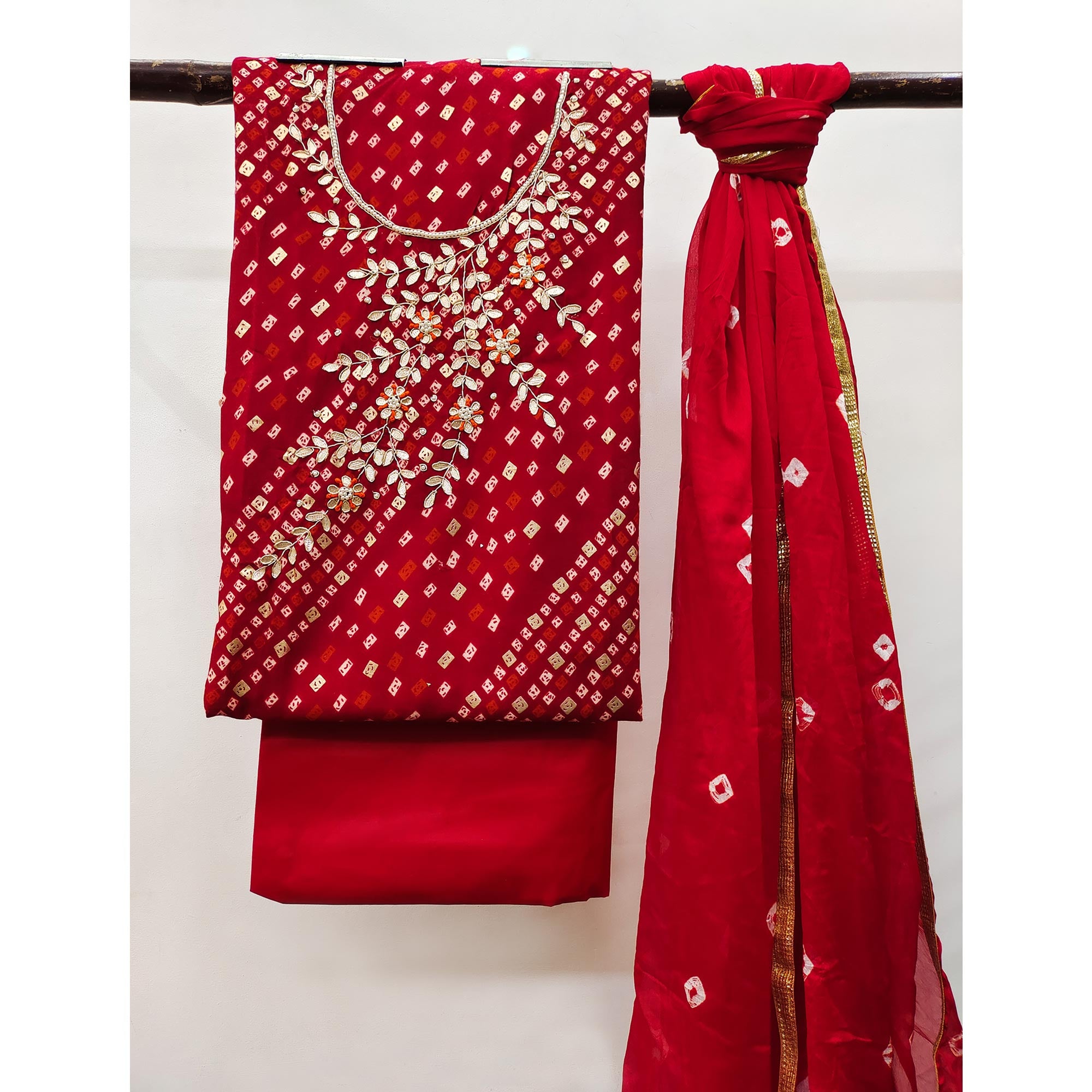Red Printed With Handwork Pure Cotton Dress Material