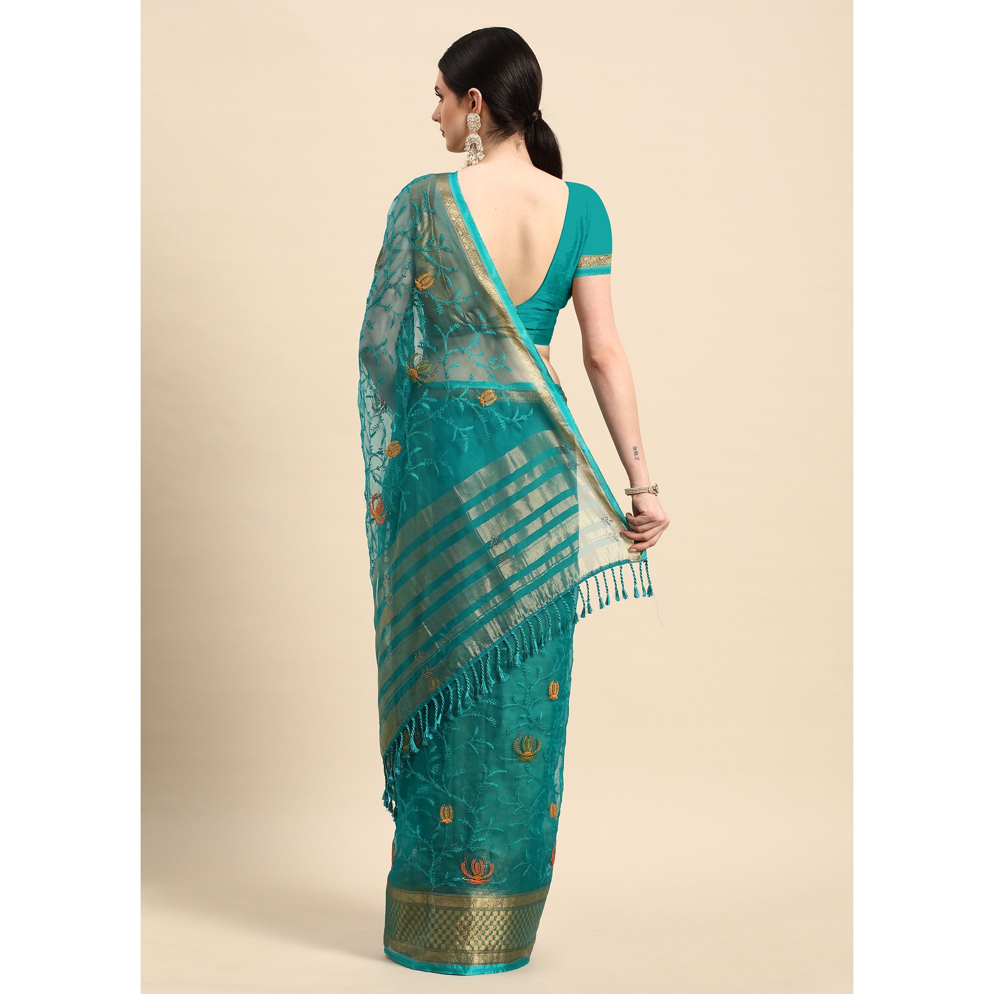 Turquoise Floral Embroidered Organza Saree