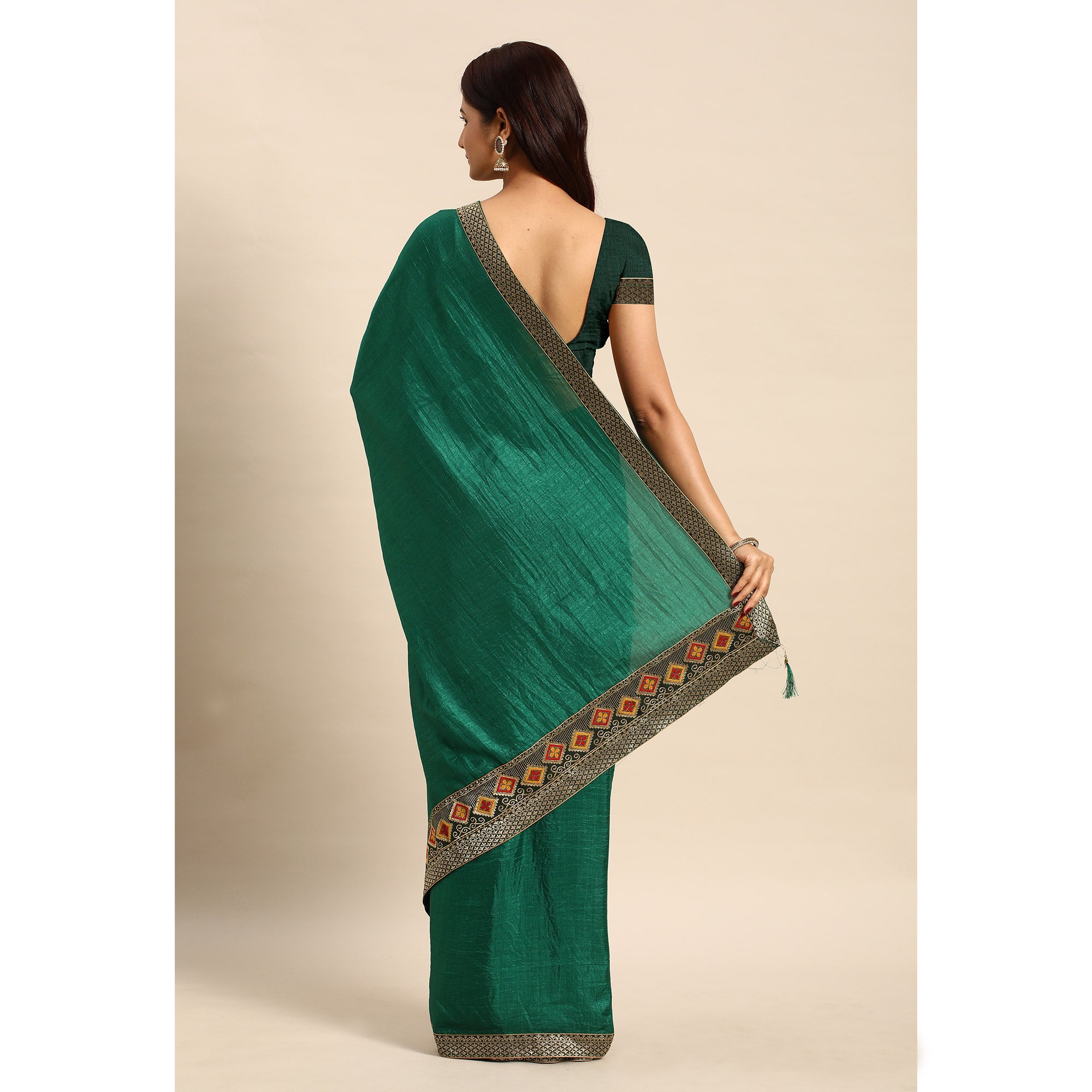 Green Solid Vichitra Silk Saree With Fancy Border