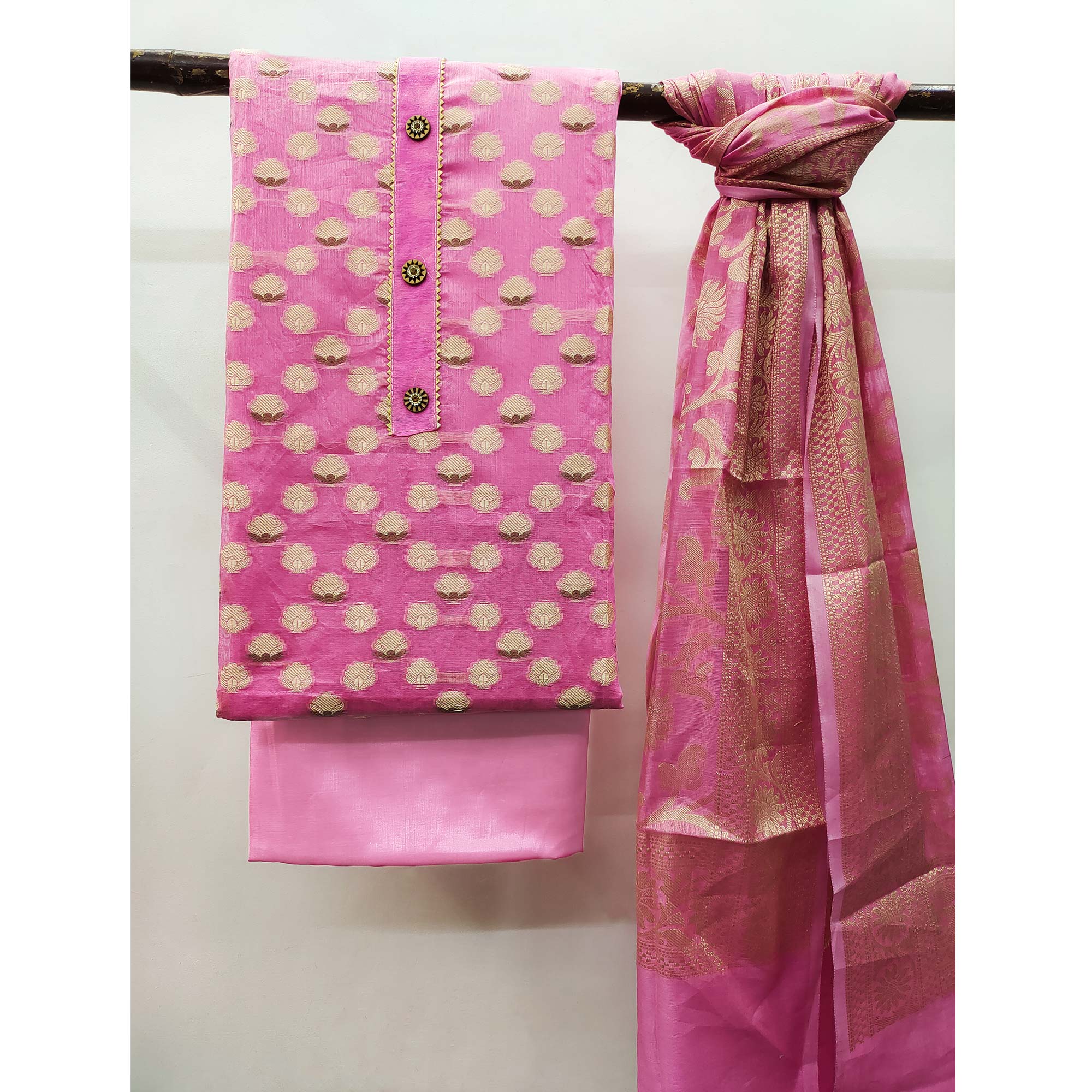 Pink Woven Banarasi Silk Dress Material