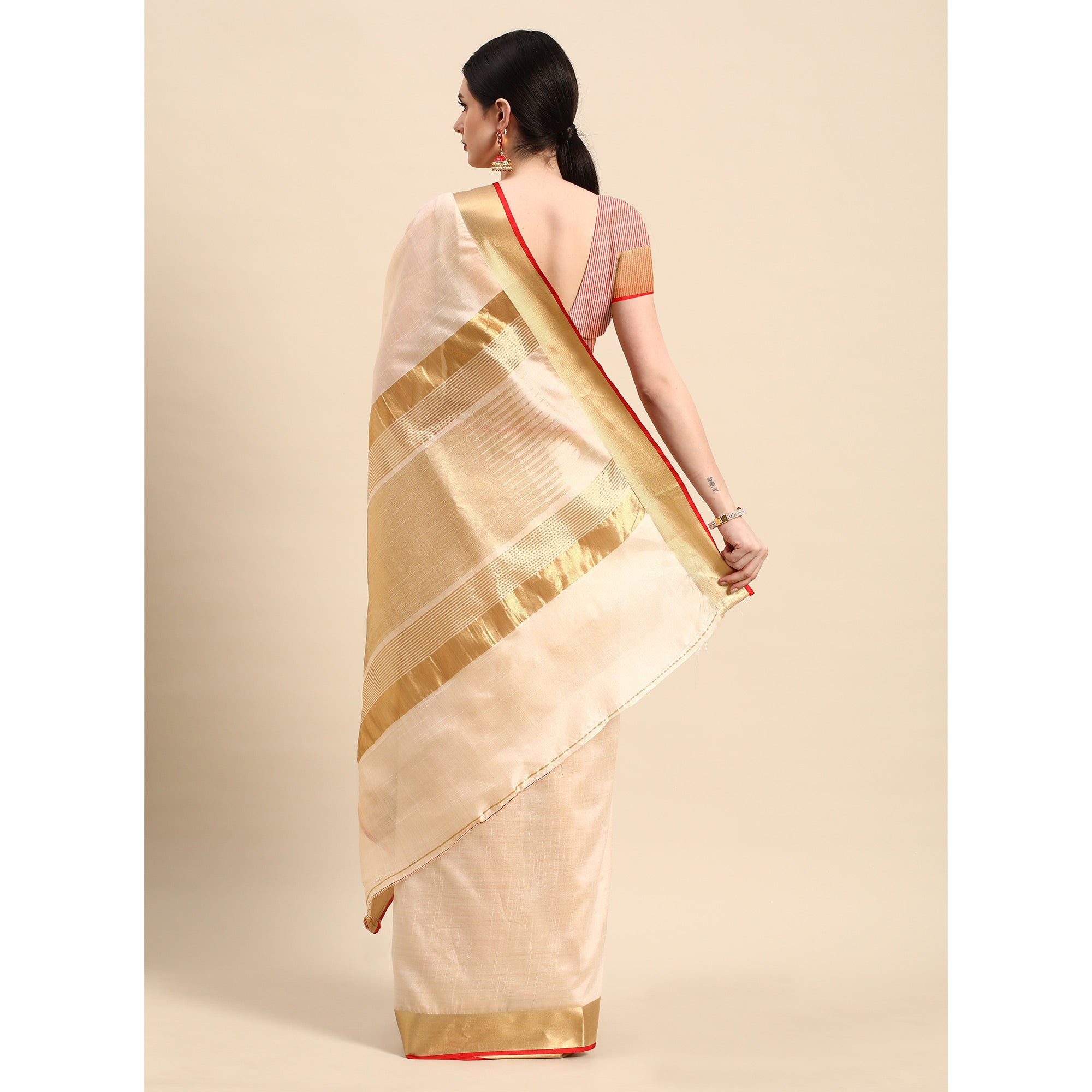 Beige Woven Zari Cotton Silk Saree