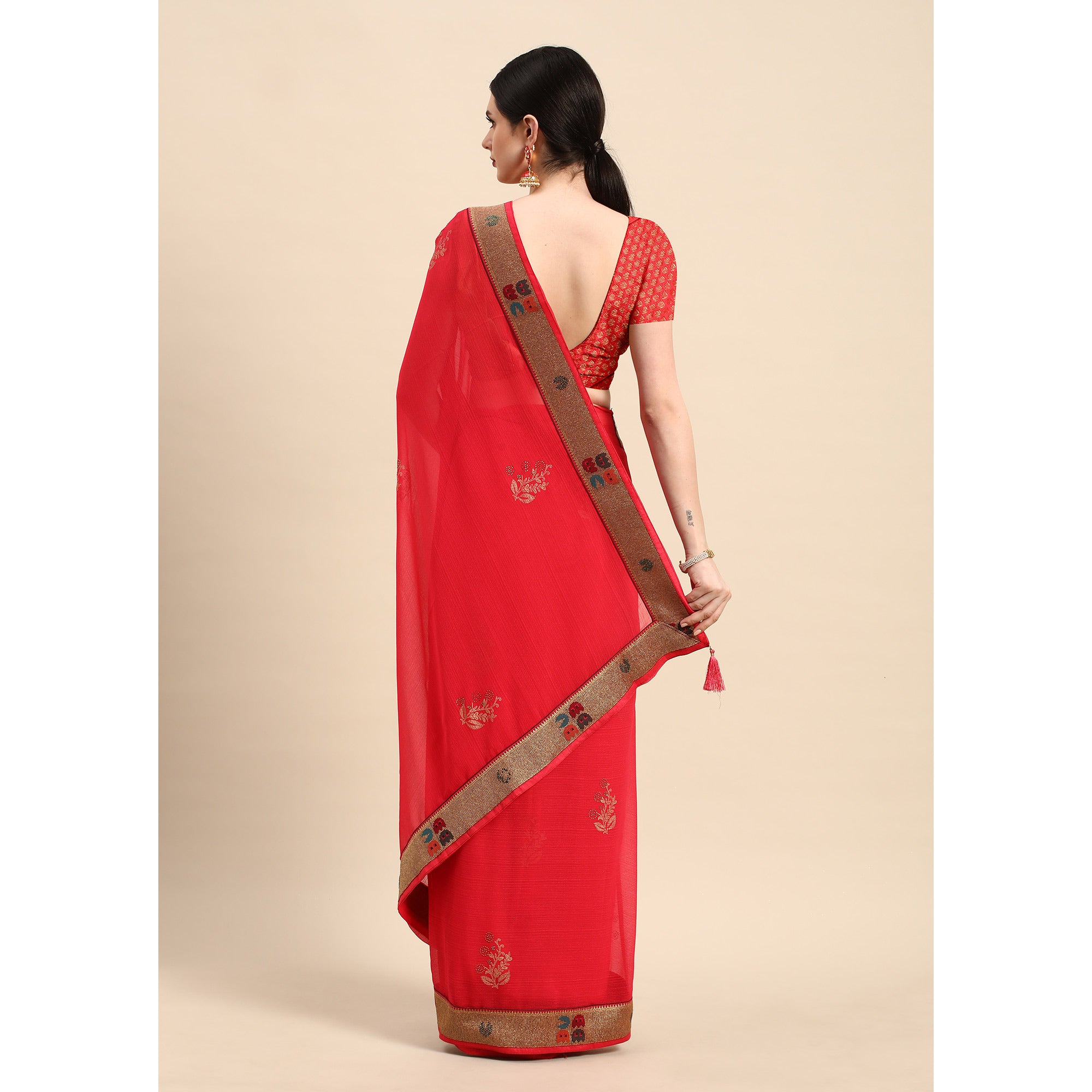 Red Foil Printed With Swarovski Zomato Silk Saree