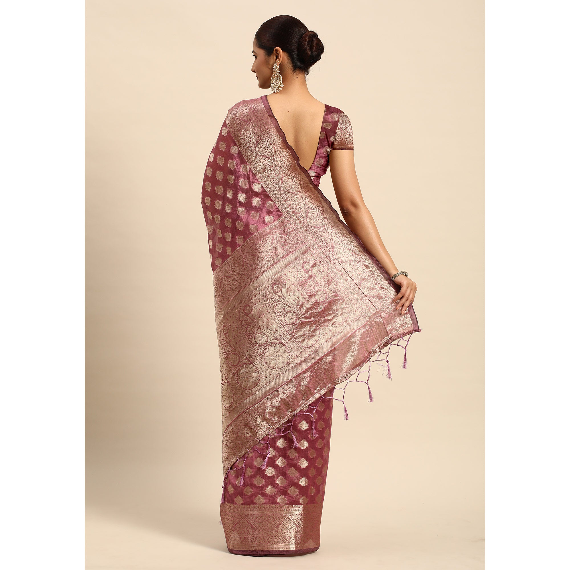 Purple Woven Organza Silk Saree With Tassels