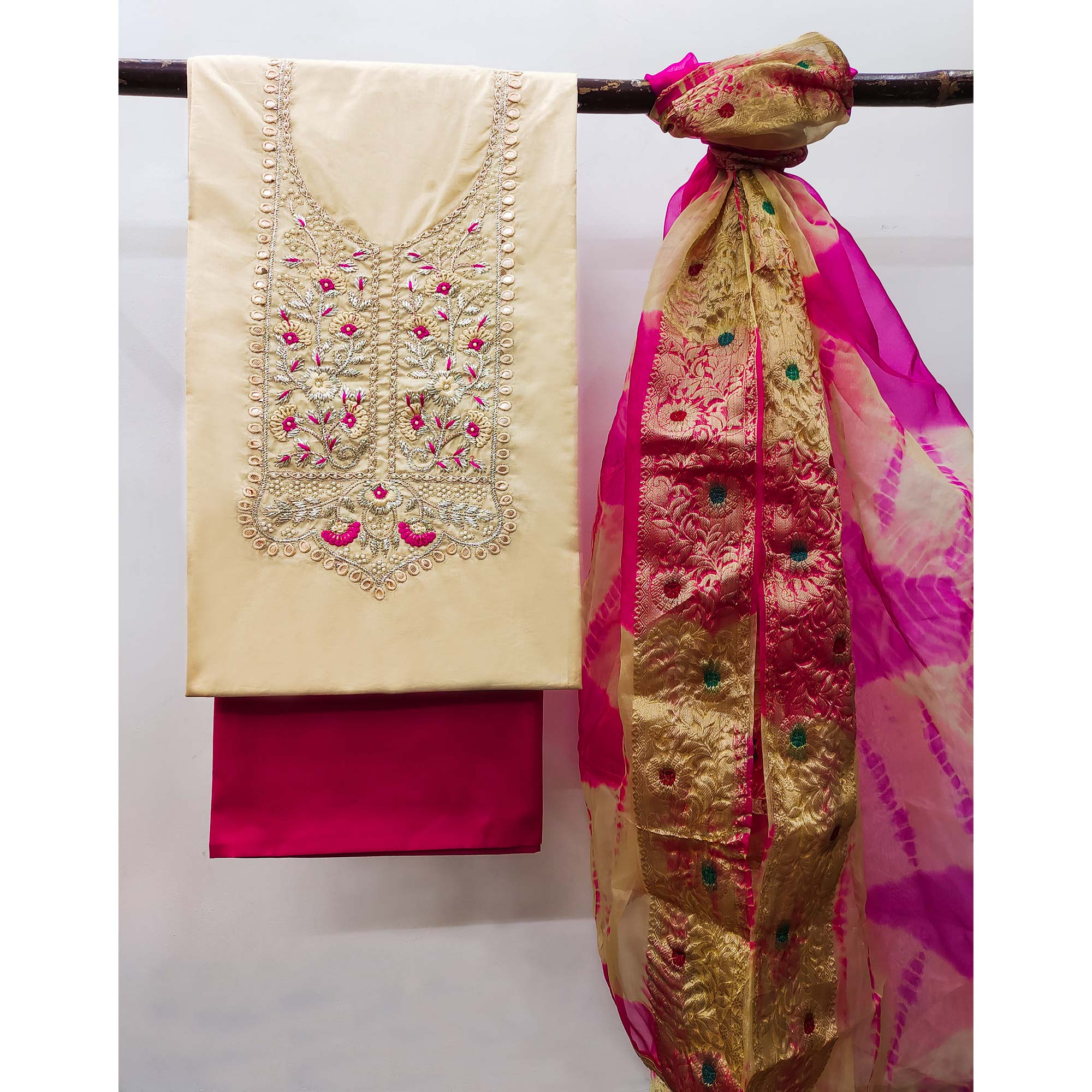 Chikoo Floral Embroidered Pure Cotton Dress Material