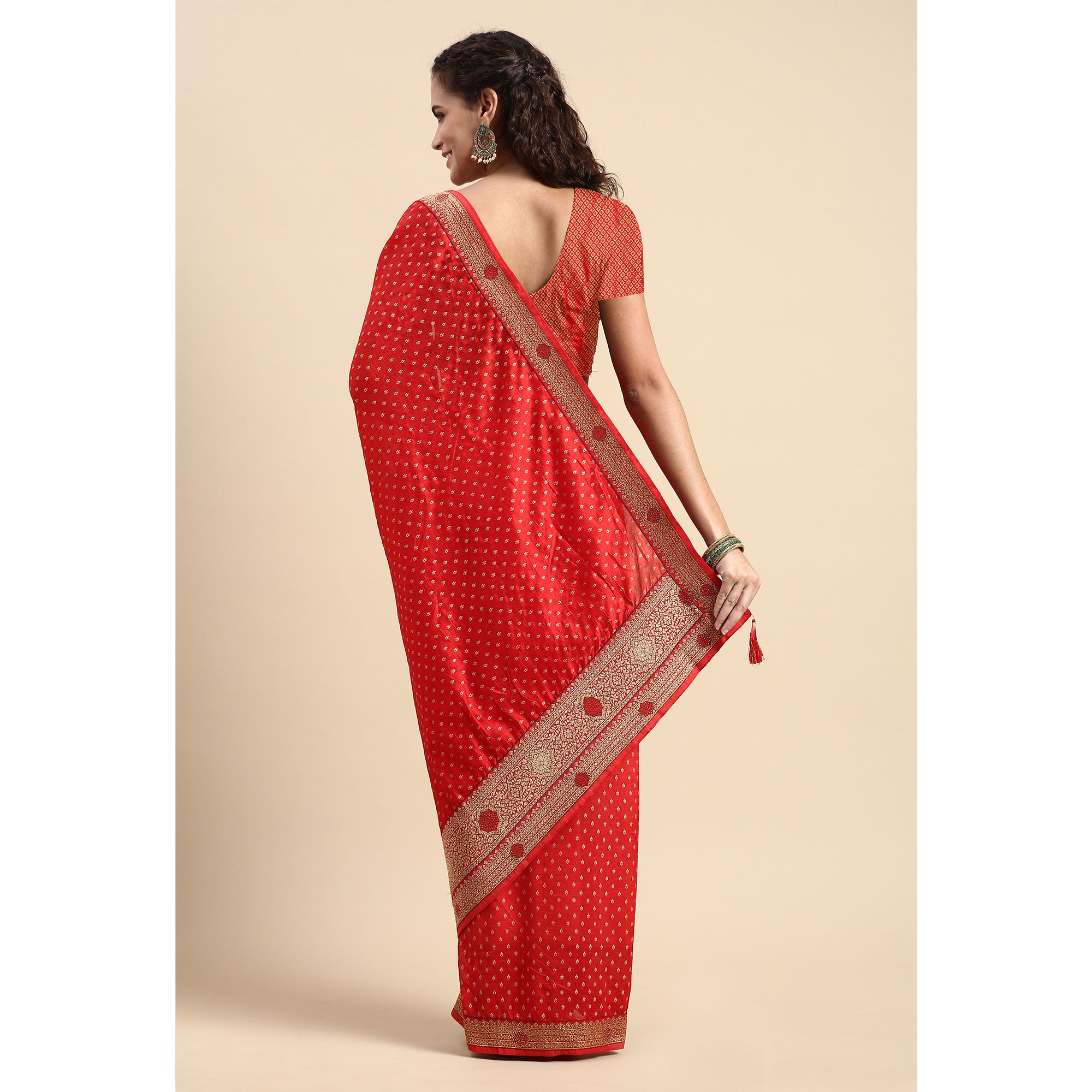 Red Foil Printed With Swarovski Vichitra Silk Saree