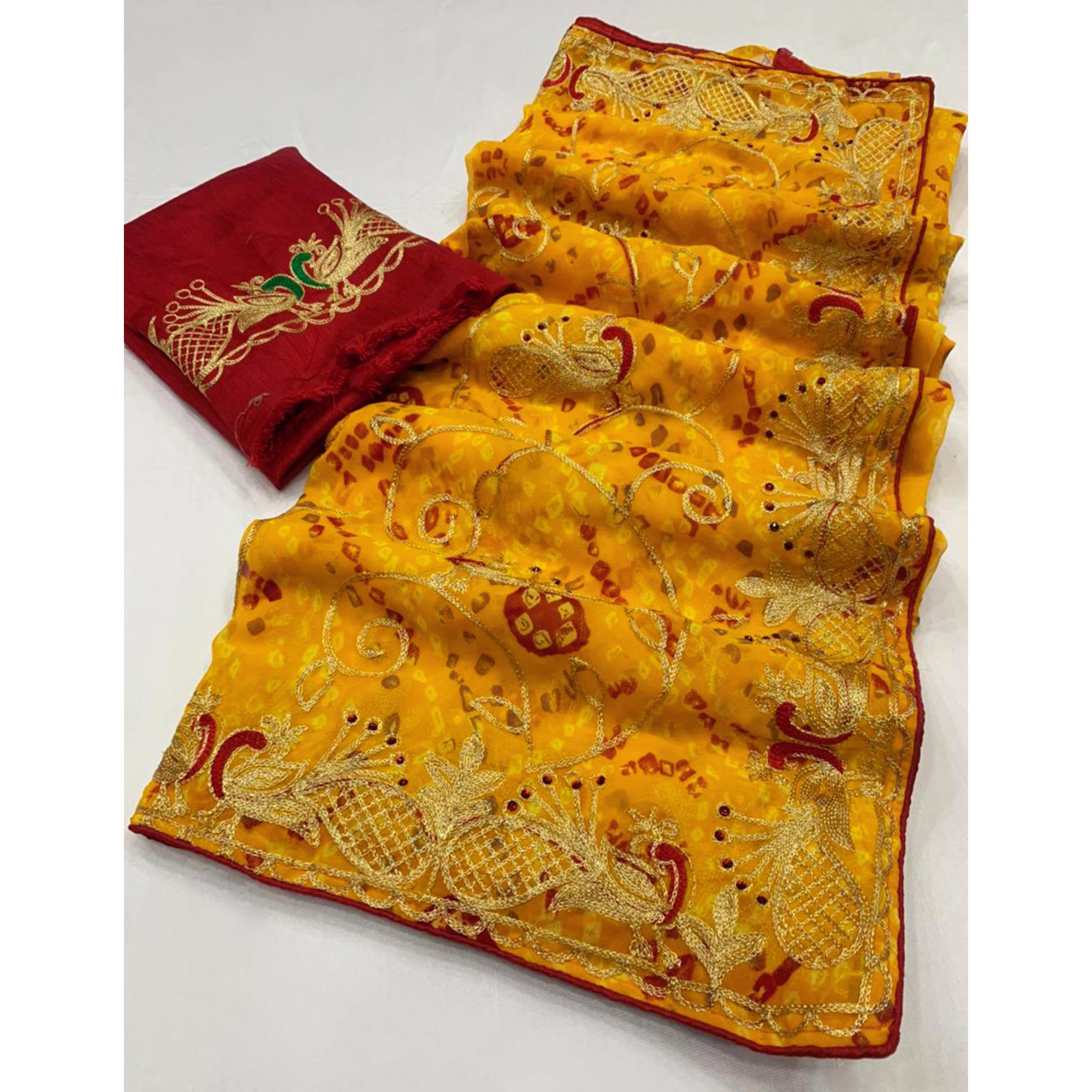 Yellow Bandhani Printed With Embroidered Georgette Saree