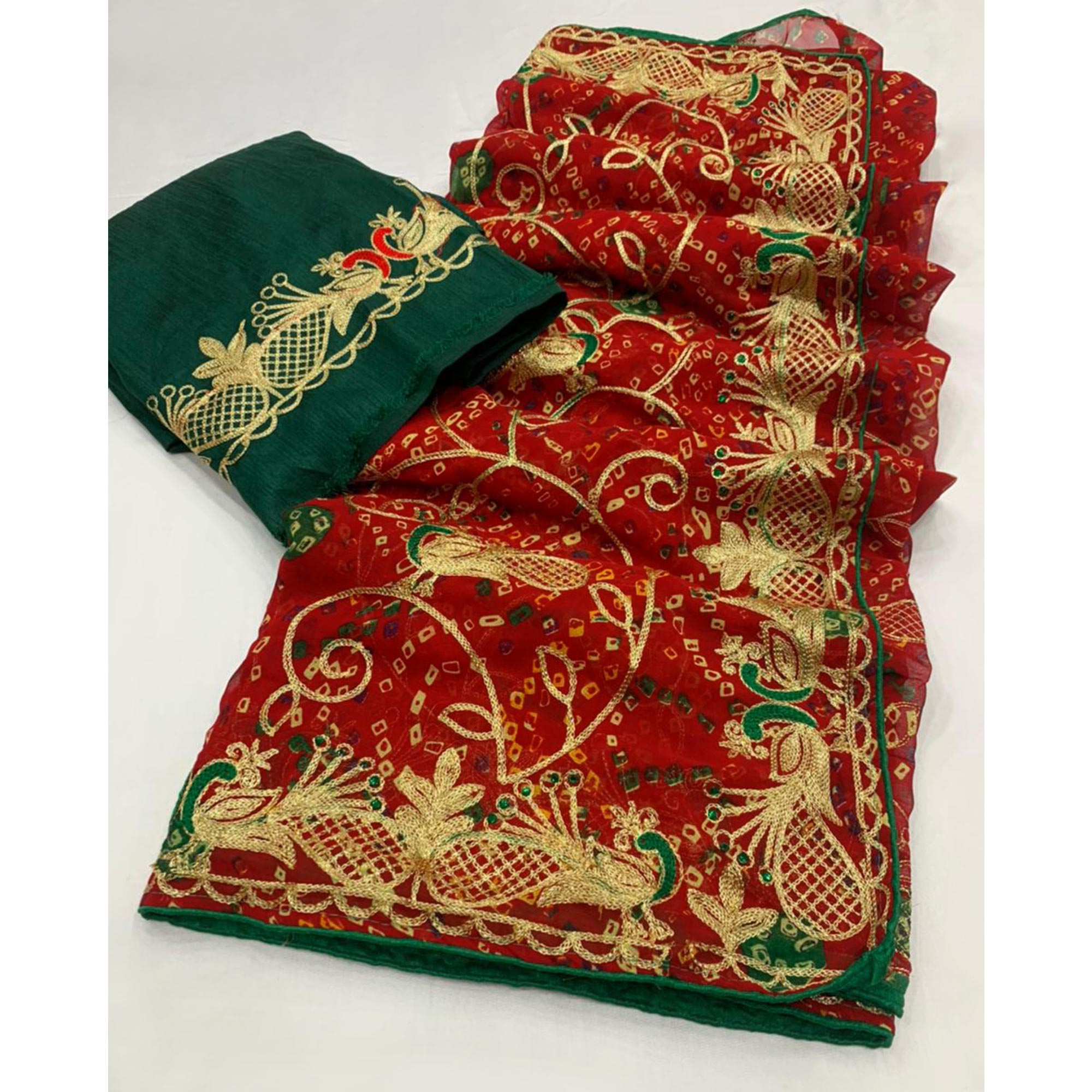Red Bandhani Printed With Embroidered Georgette Saree
