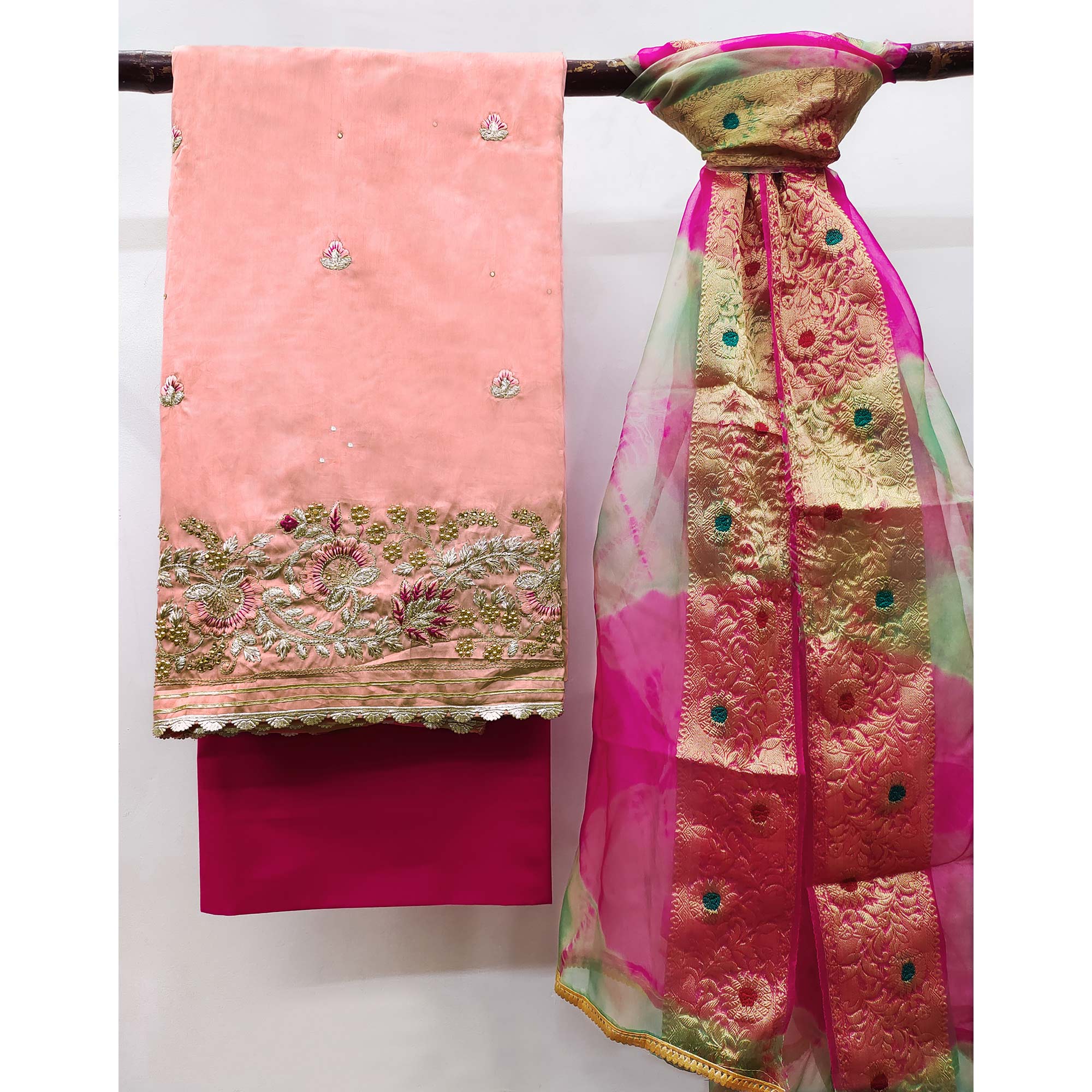 Peach Floral Embroidered Pure Cotton Dress Material