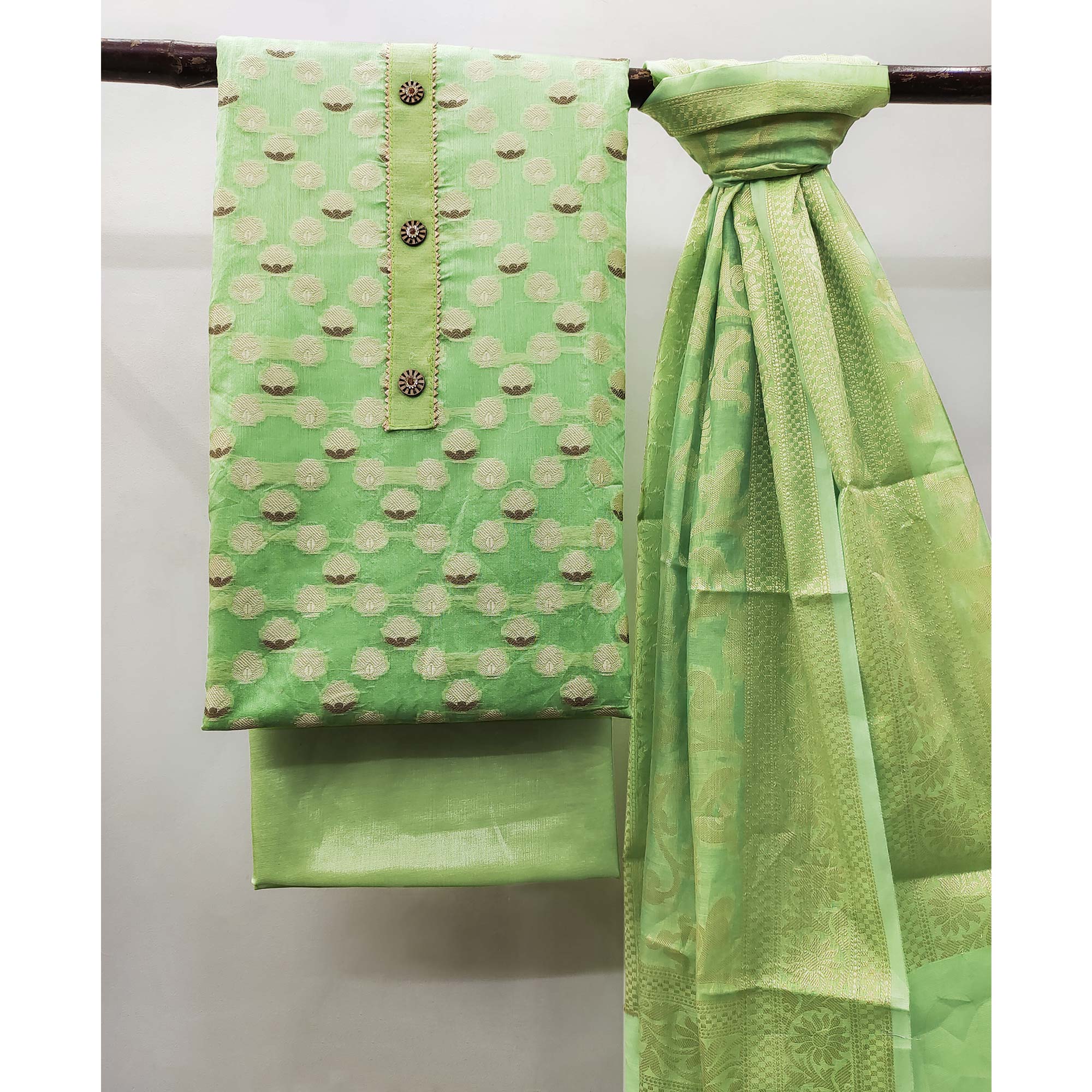 Green Woven Banarasi Silk Dress Material