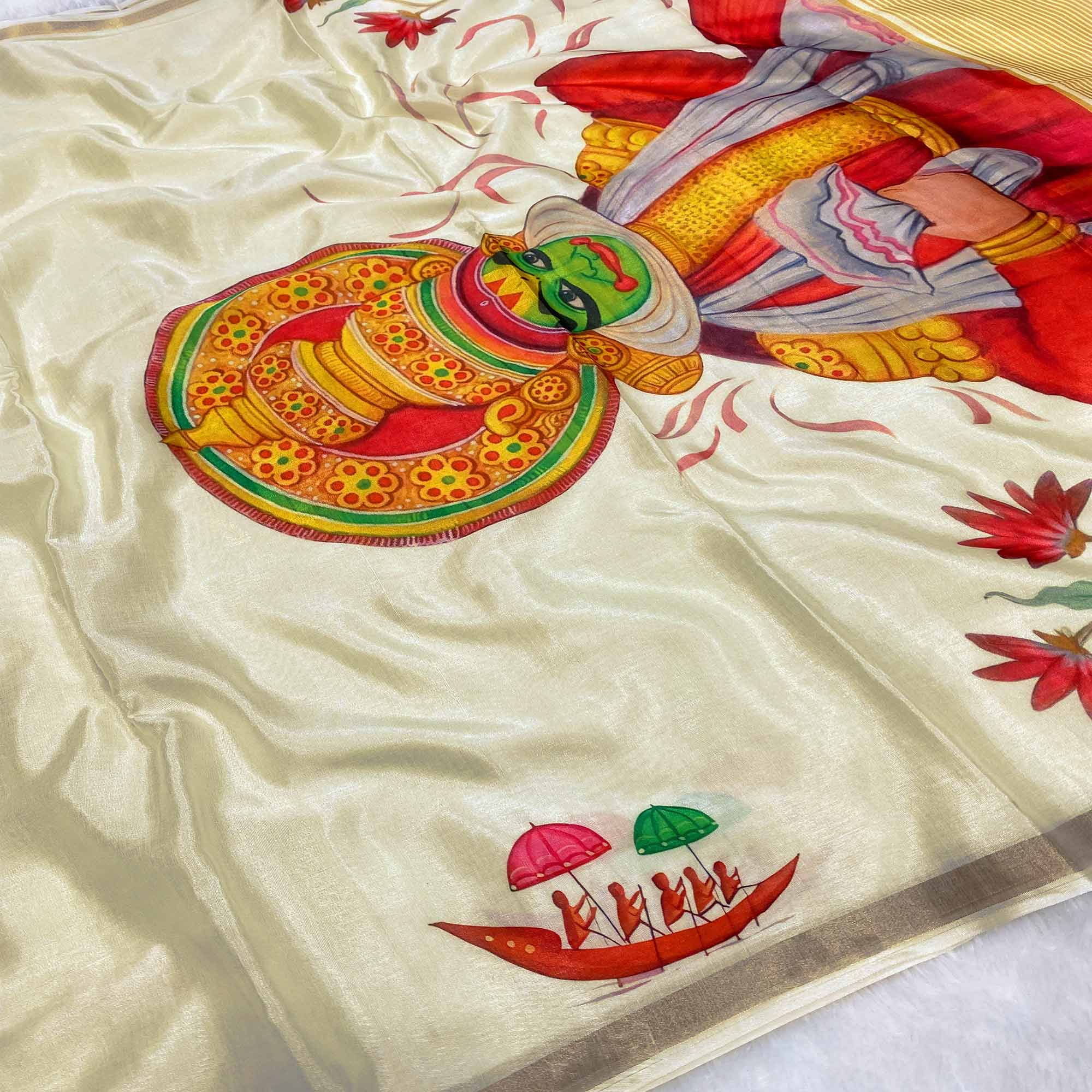 Designer Off White Soft Tussar Cotton Silk Saree with Kathakali Artwork