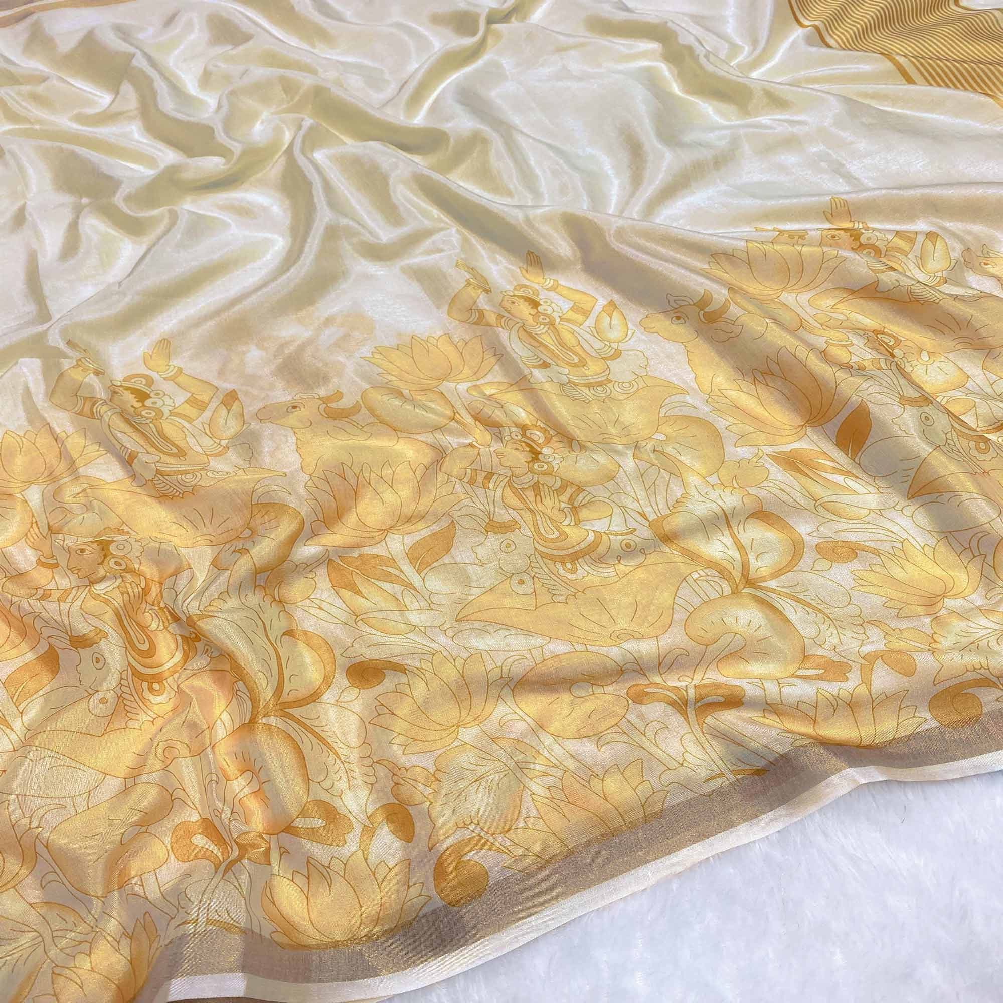 Graceful Off White Soft Tussar Cotton Silk Saree with Traditional Print