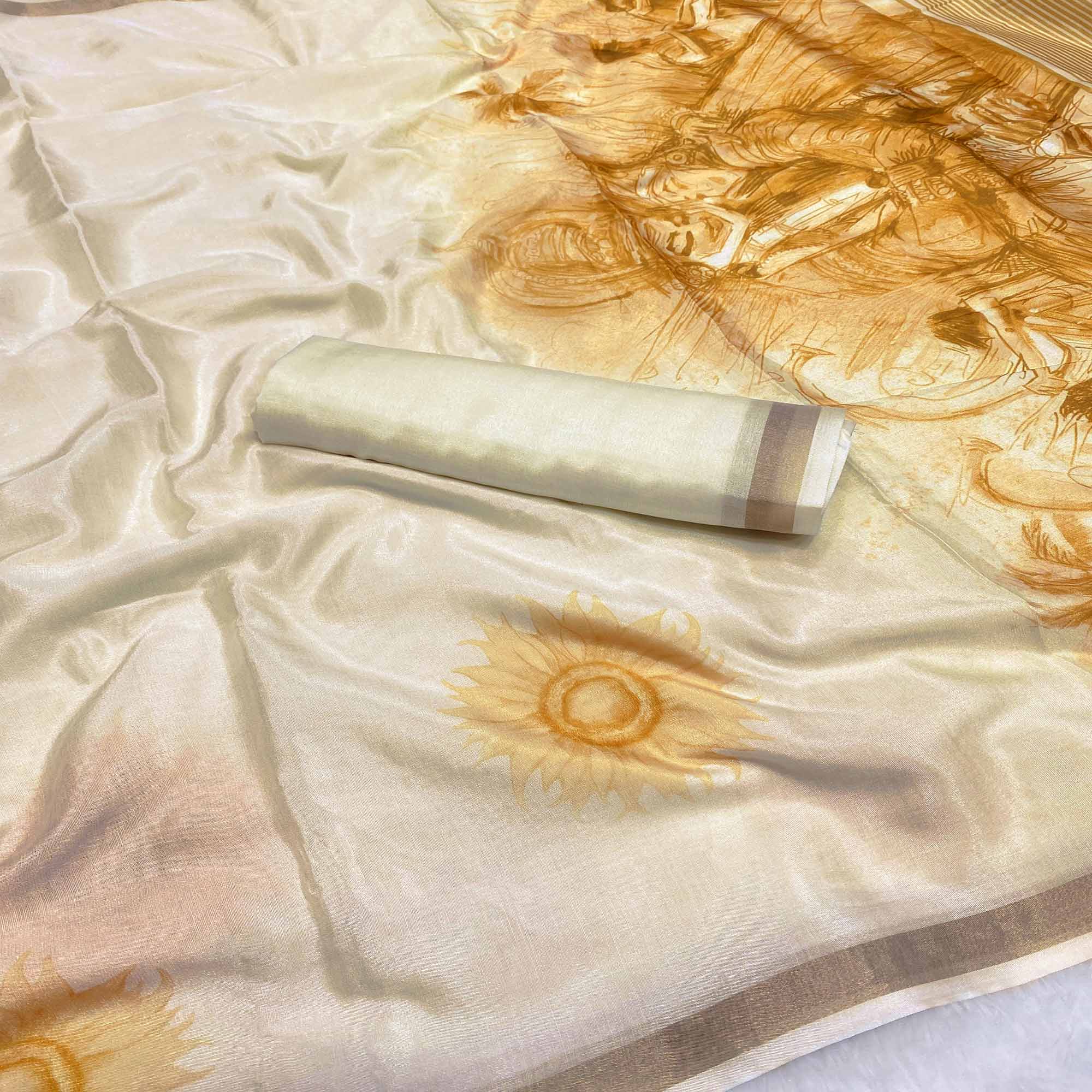 Off White Admirable Floral Printed Soft Tussar Cotton Silk Saree