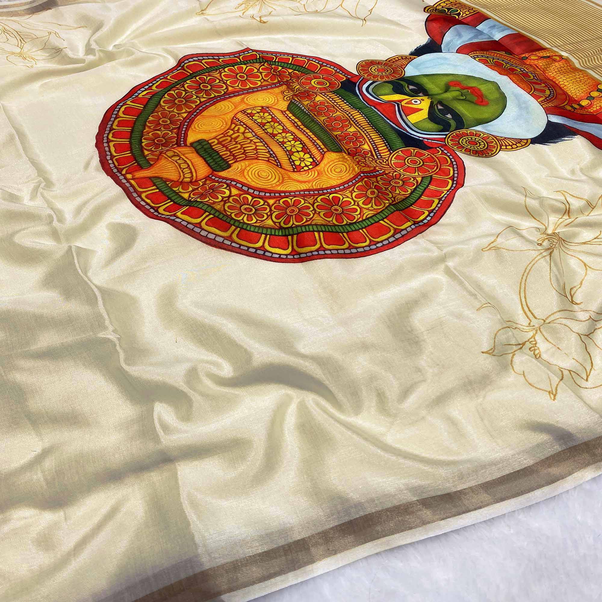Off White Admirable Kathakali Printed Soft Tussar Cotton Silk Saree