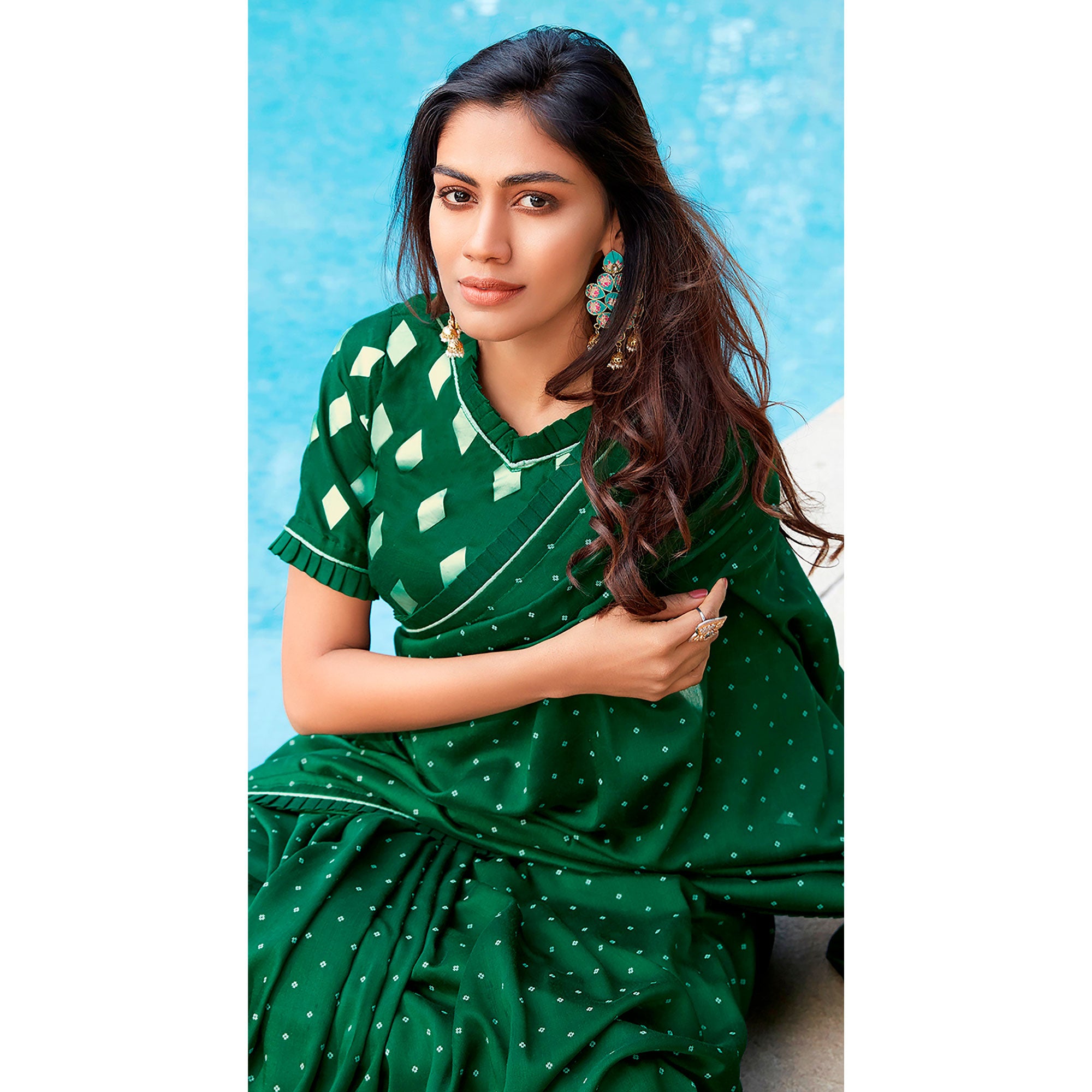 Green Printed With Pleated Border Cotton Silk Saree