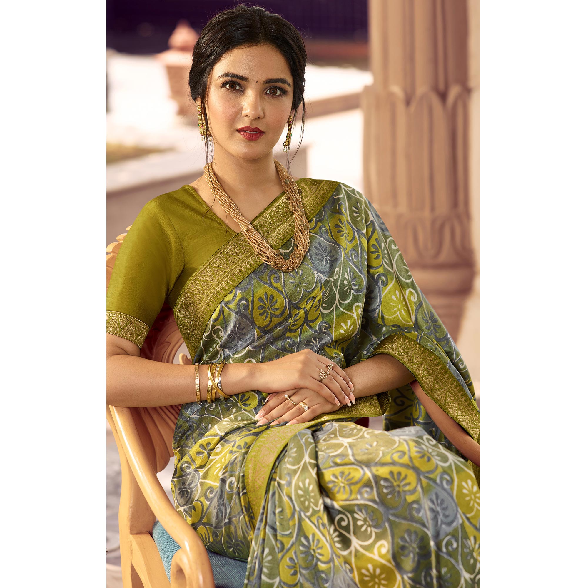 Olive Green Printed Art Silk Saree