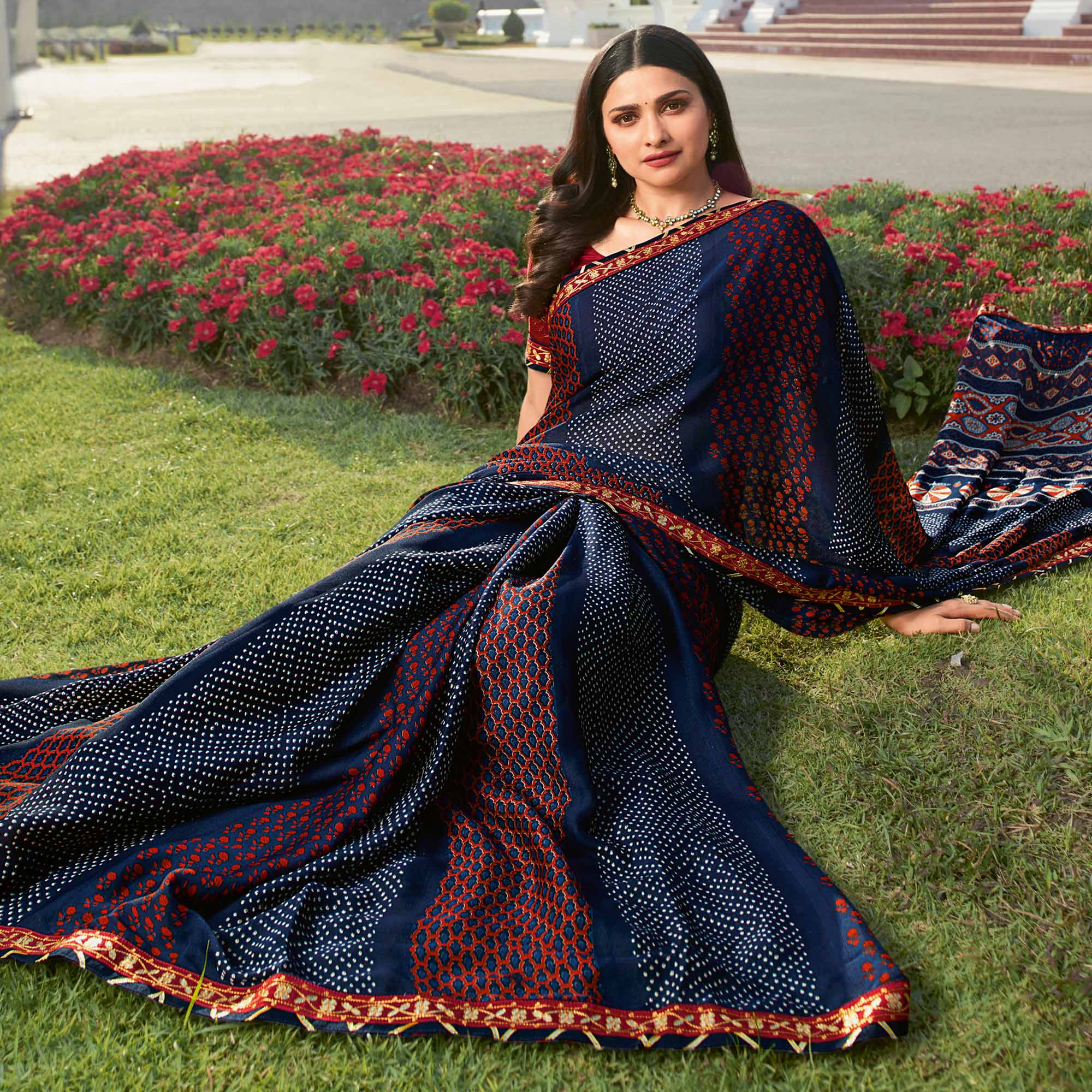 Blue Bandhani Printed Chiffon Saree