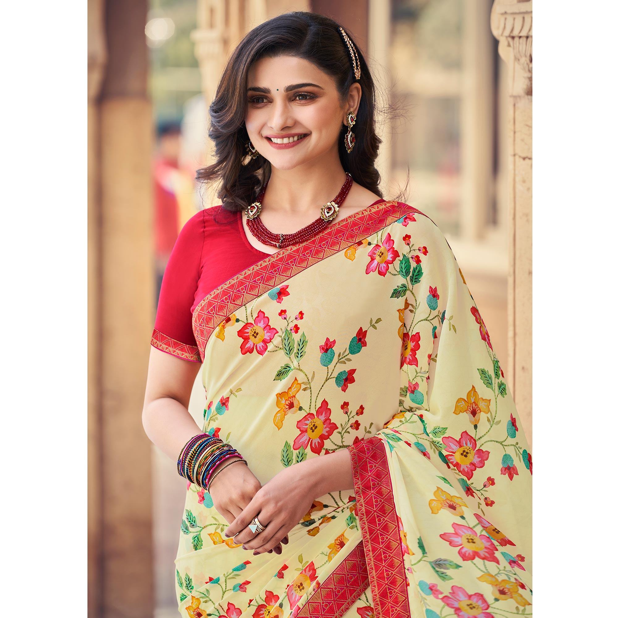 Beige Floral Printed Georgette Saree