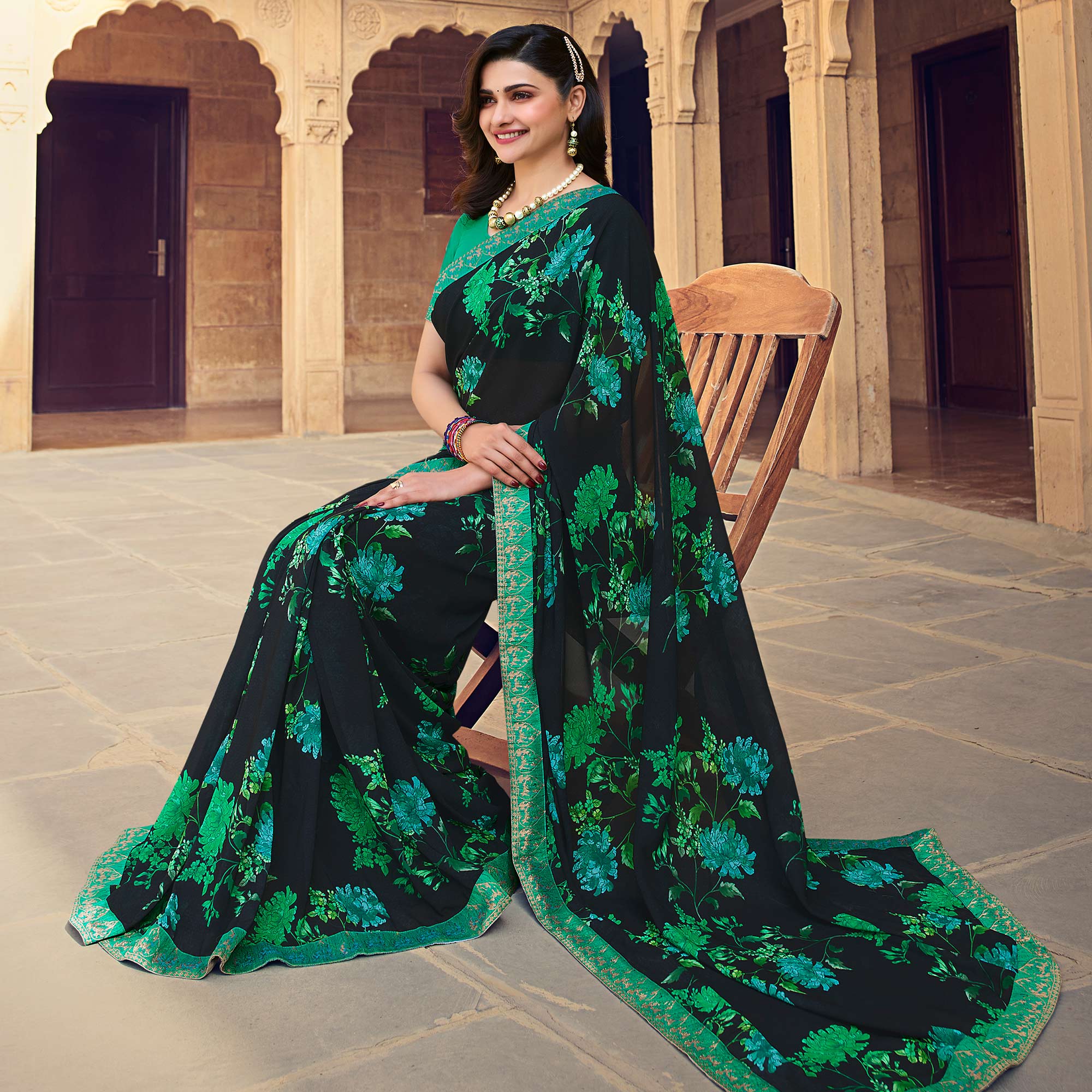 Black Floral Printed Georgette Saree