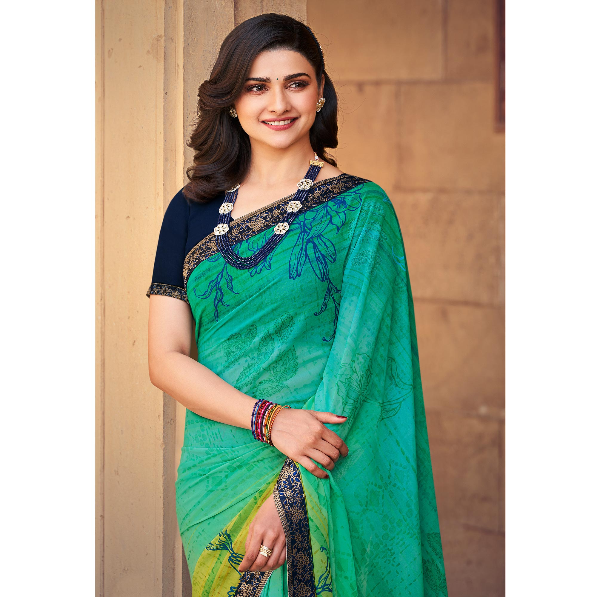 Turquoise Floral Printed Georgette Saree