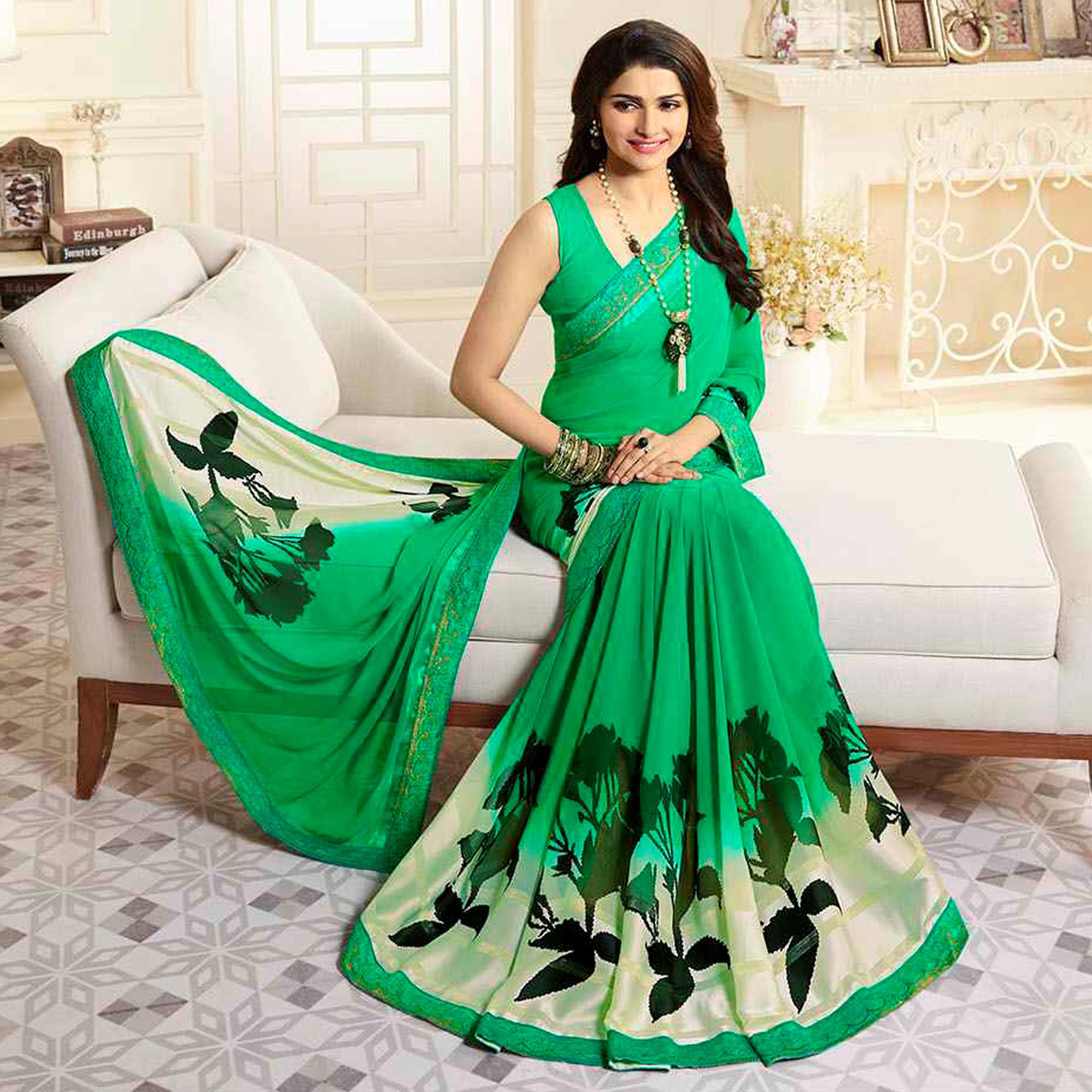 Green Printed Georgette Saree With Lace Border