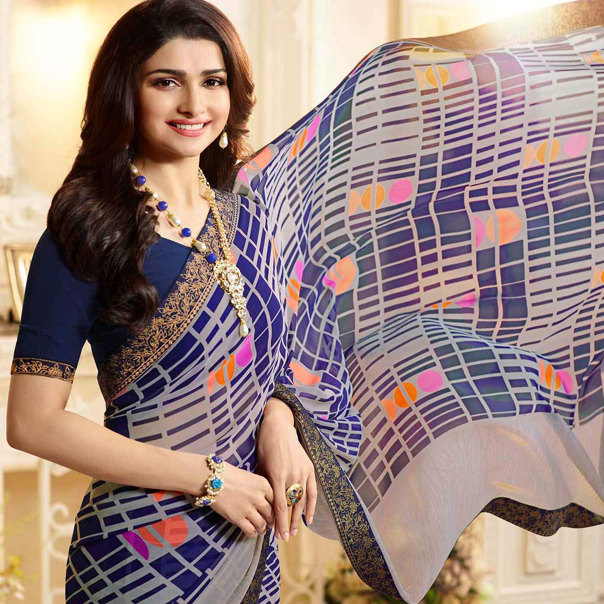 Grey & Blue Printed Georgette Saree With Lace Border
