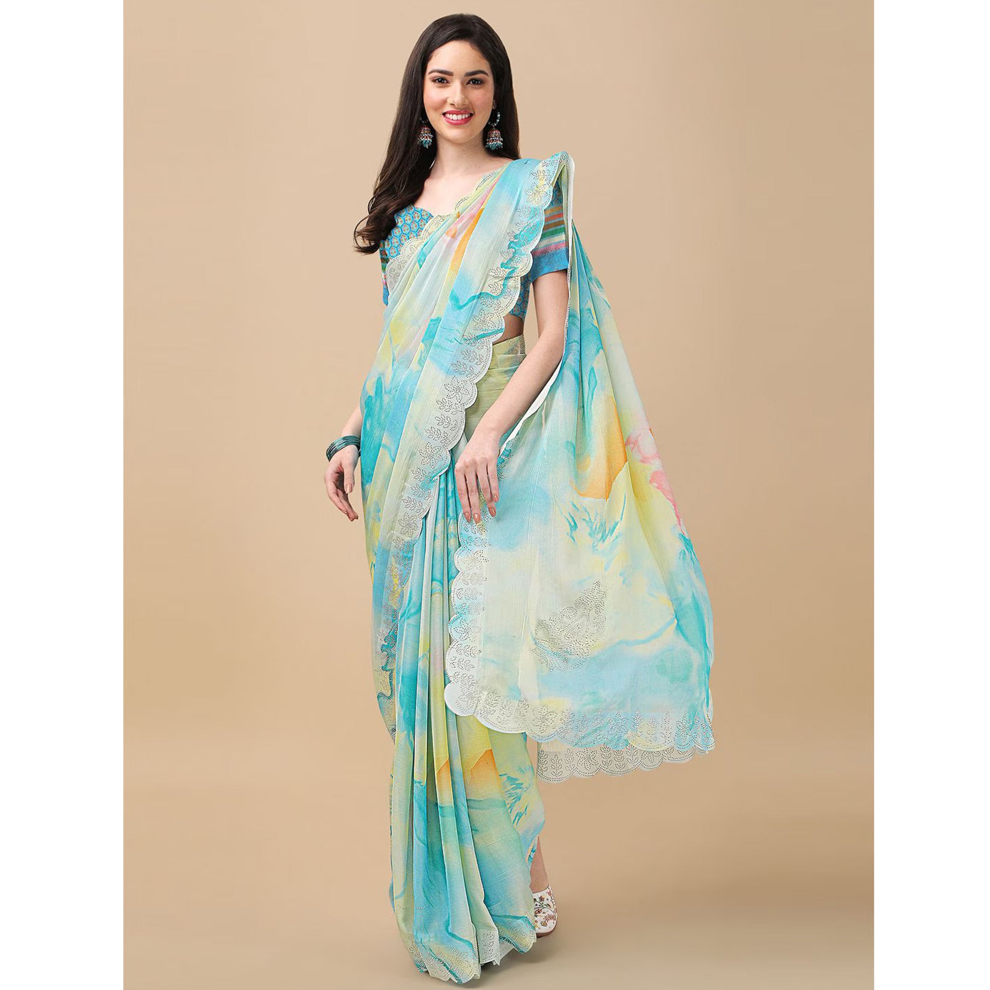 Sky Blue Printed With Swarovski Work Chiffon Saree