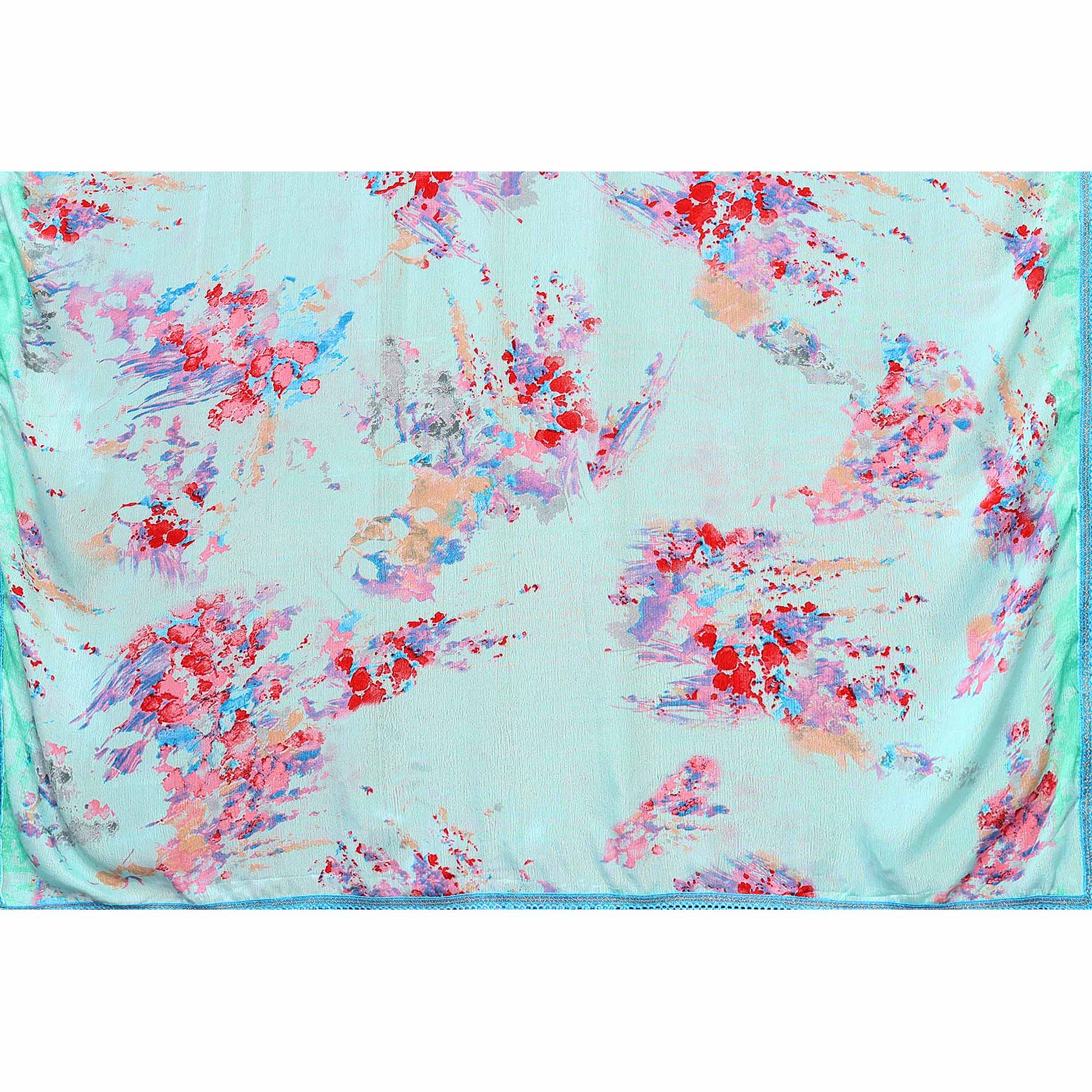 Turquoise Printed Vichitra Silk Saree