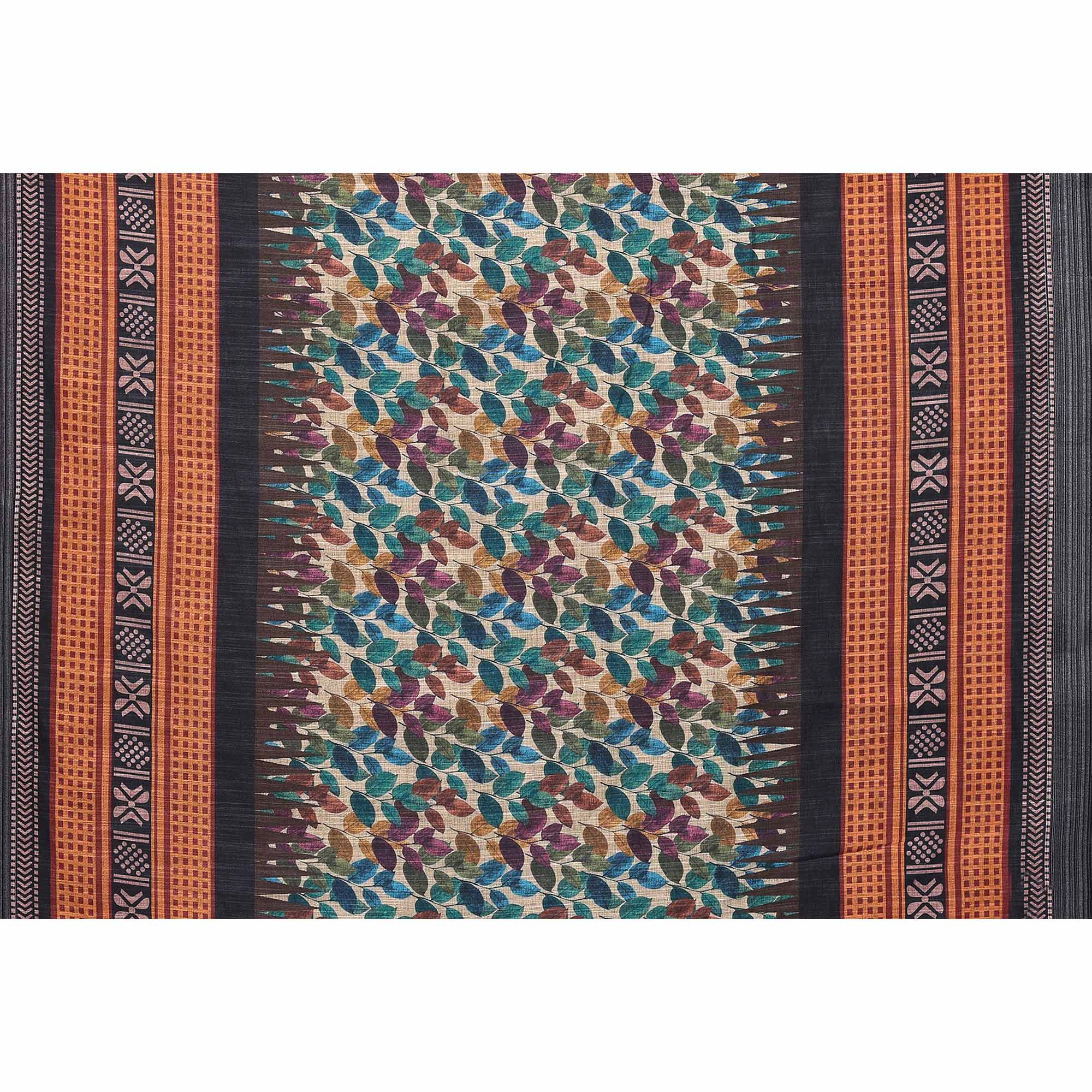 Beige & Black Digital Floral Printed Linen Saree