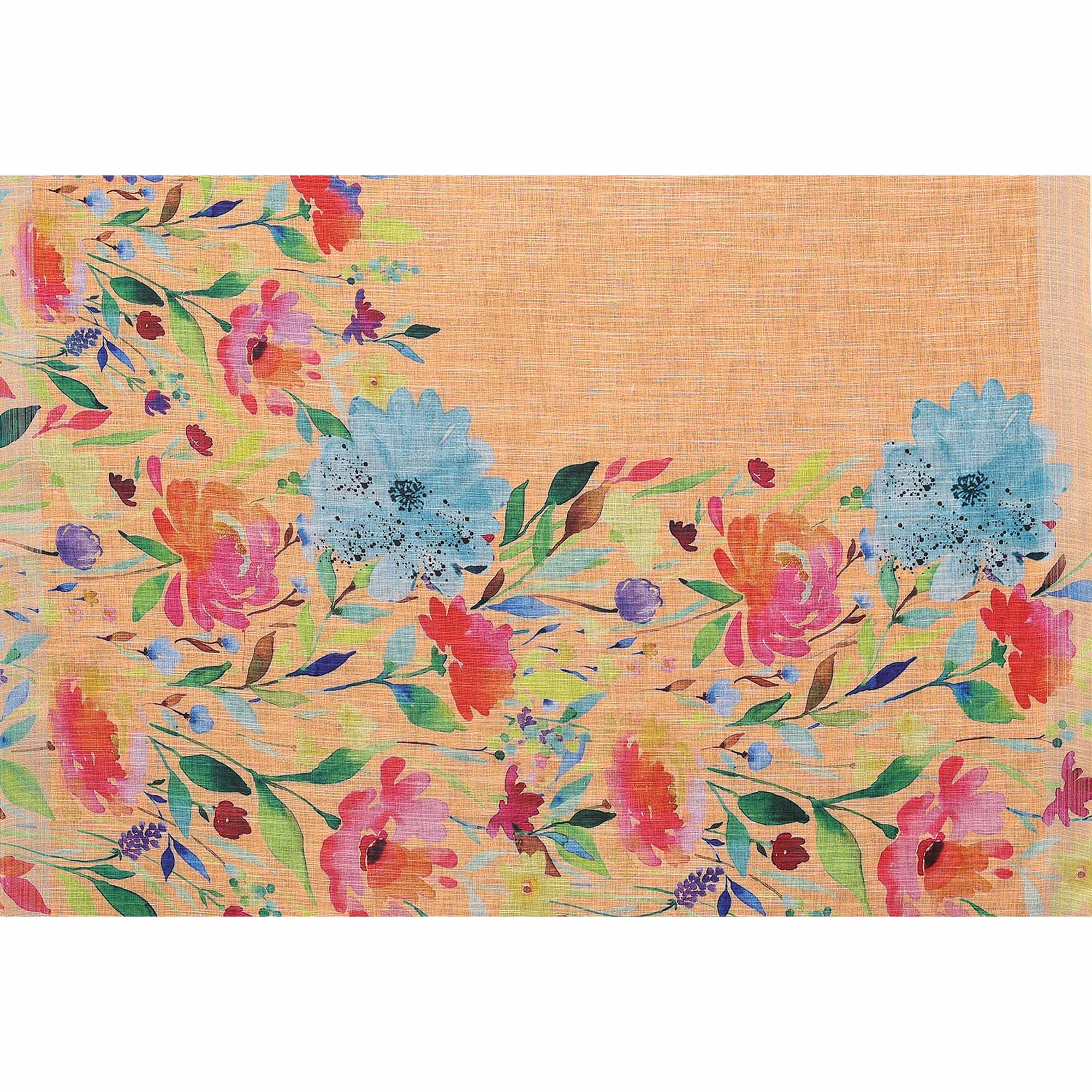 Orange Digital Floral Printed Linen Saree
