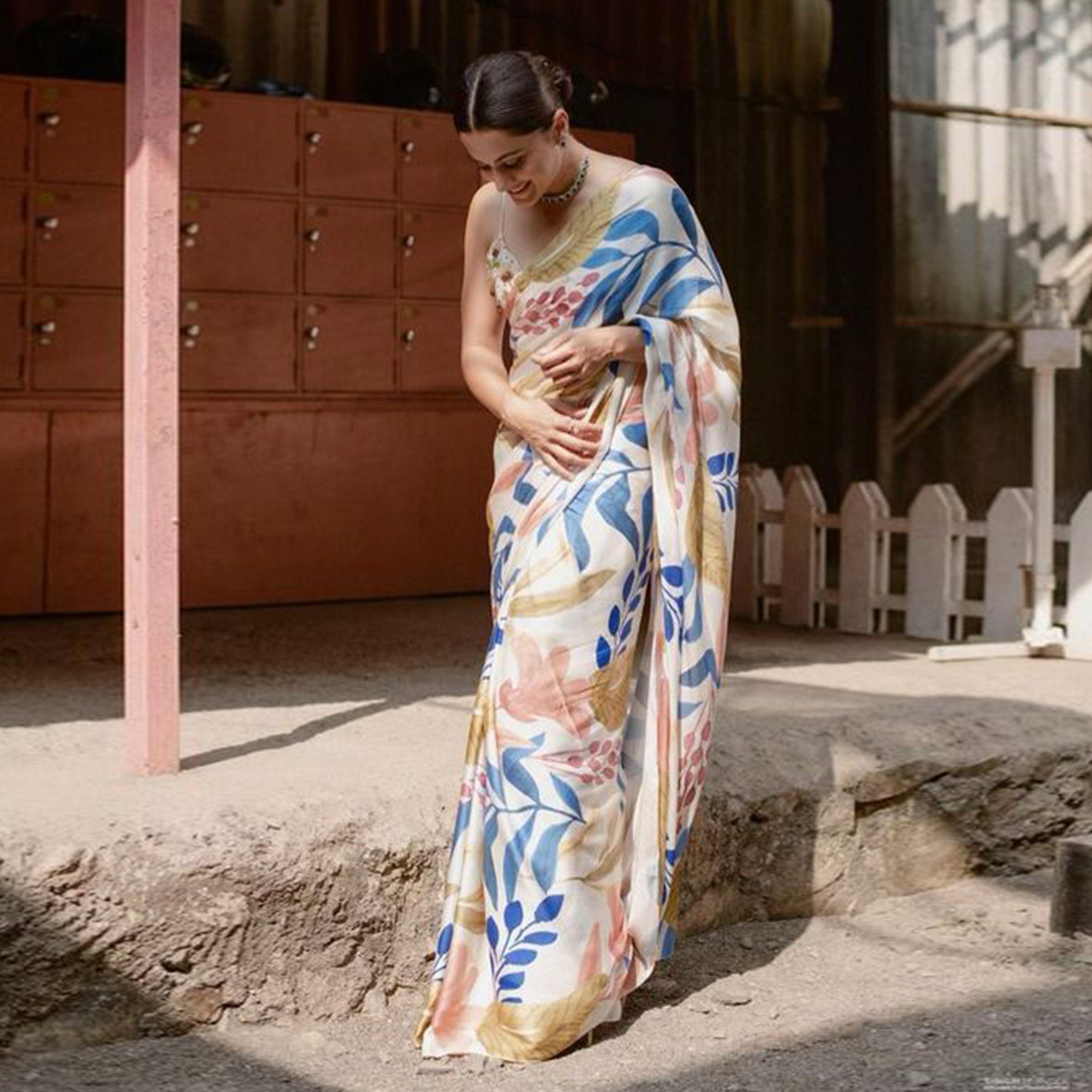 Off White Digital Printed Chinon Saree