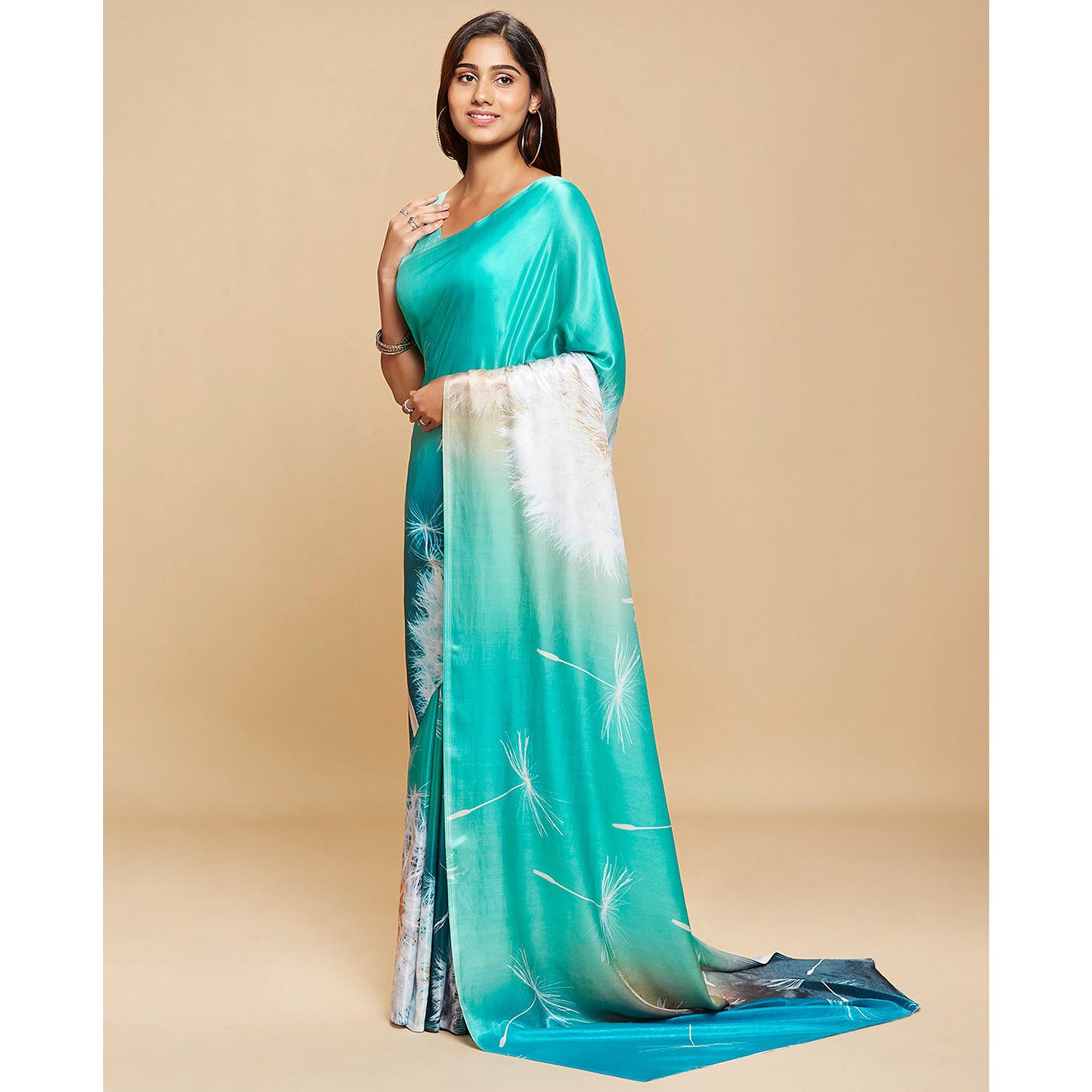 Turquoise Digital Printed Chinon Saree