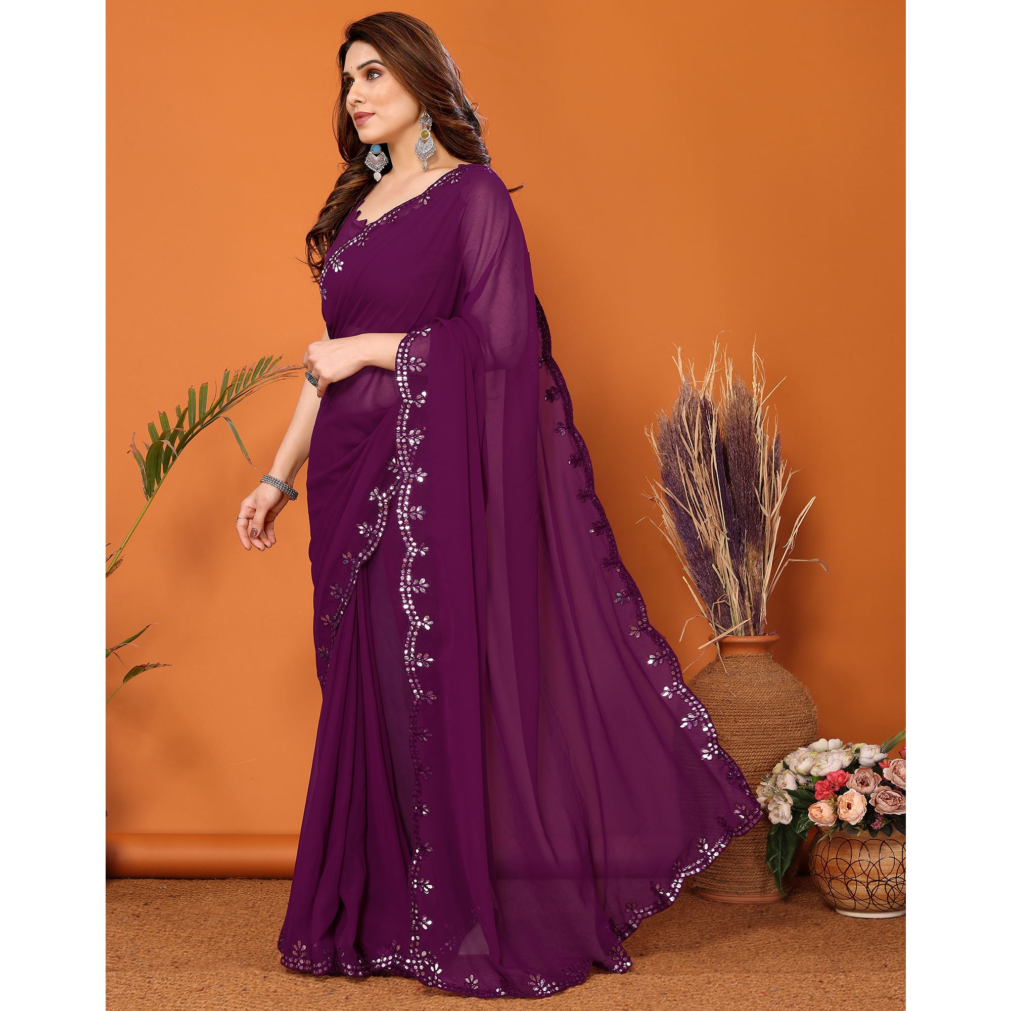 Purple Embellished Georgette Saree With Mirror Work