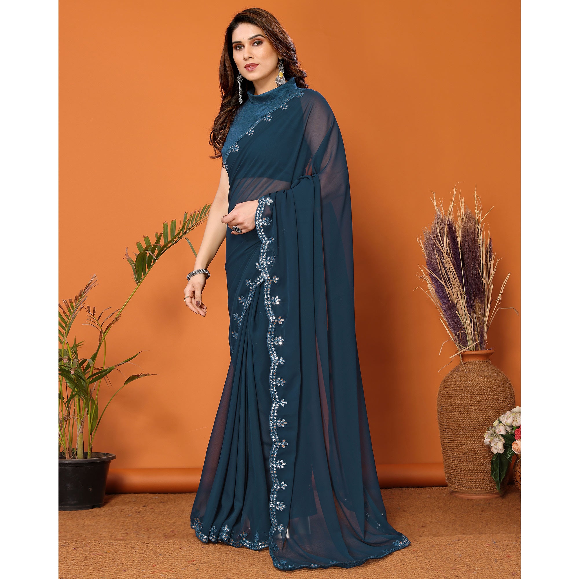 Teal Embellished Georgette Saree With Mirror Work