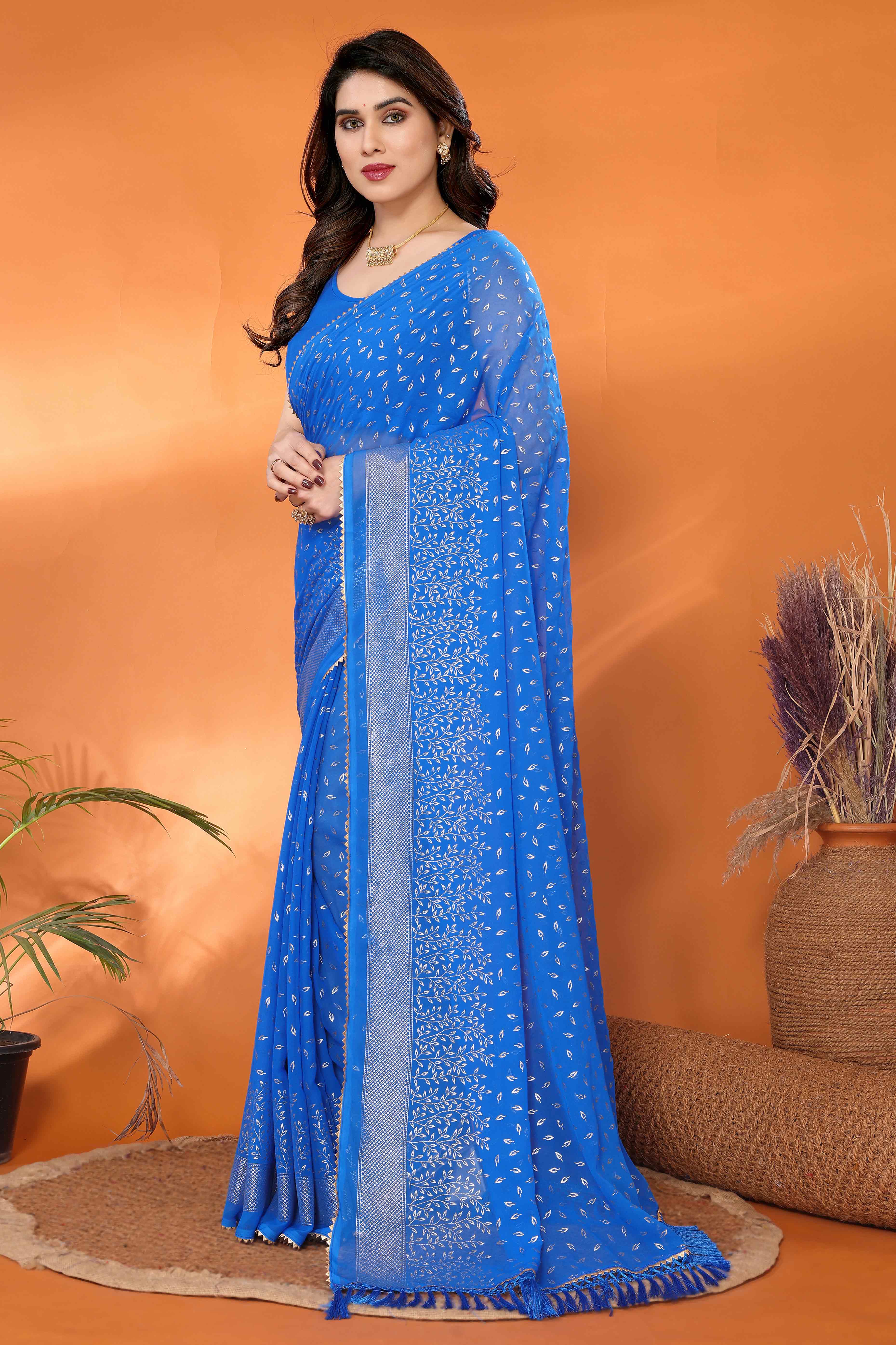 Blue Foil Printed Georgette Saree