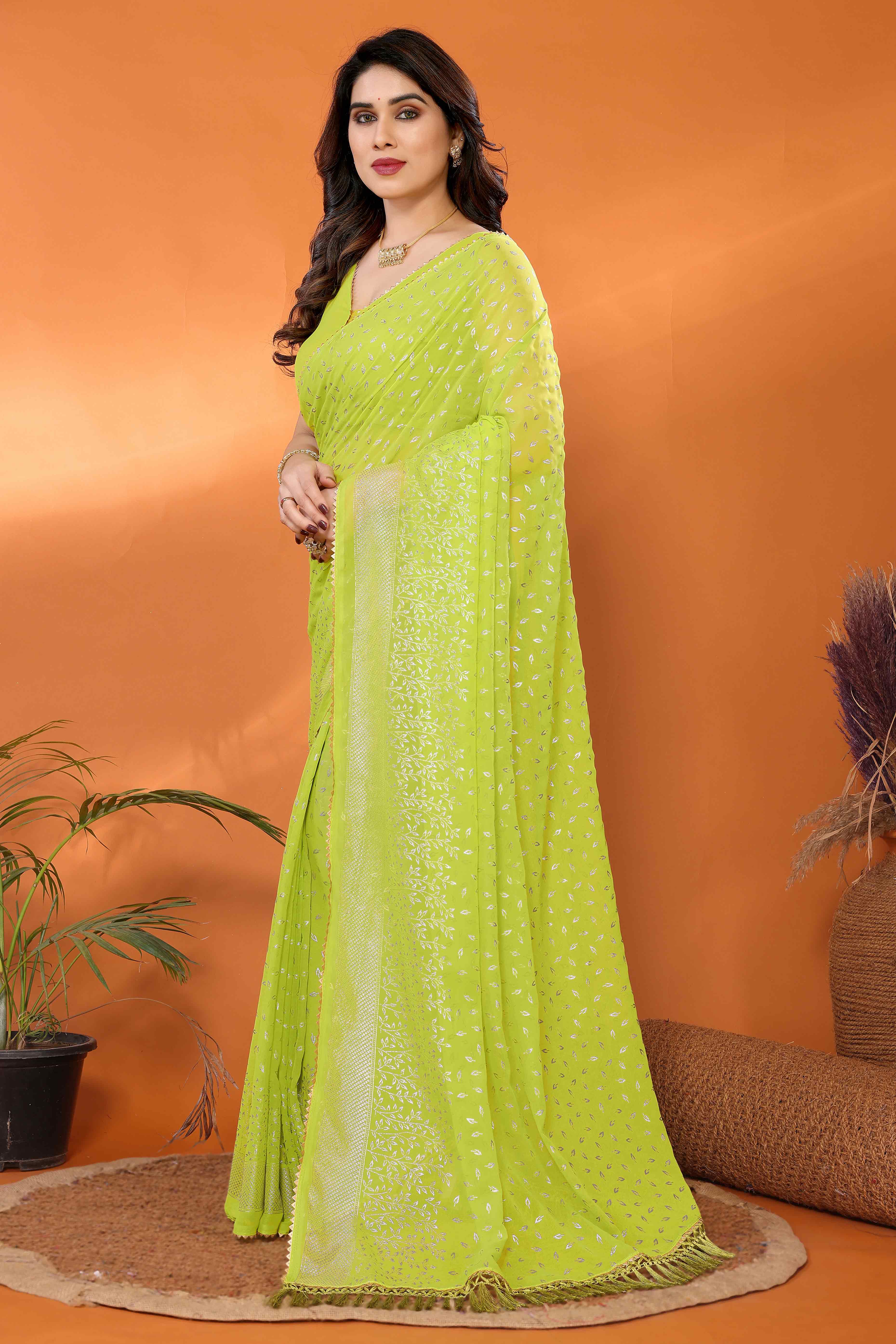 Green Foil Printed Georgette Saree
