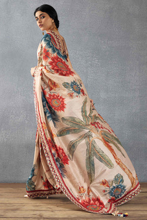Beige Floral Printed Moss Chiffon Saree With Tassels