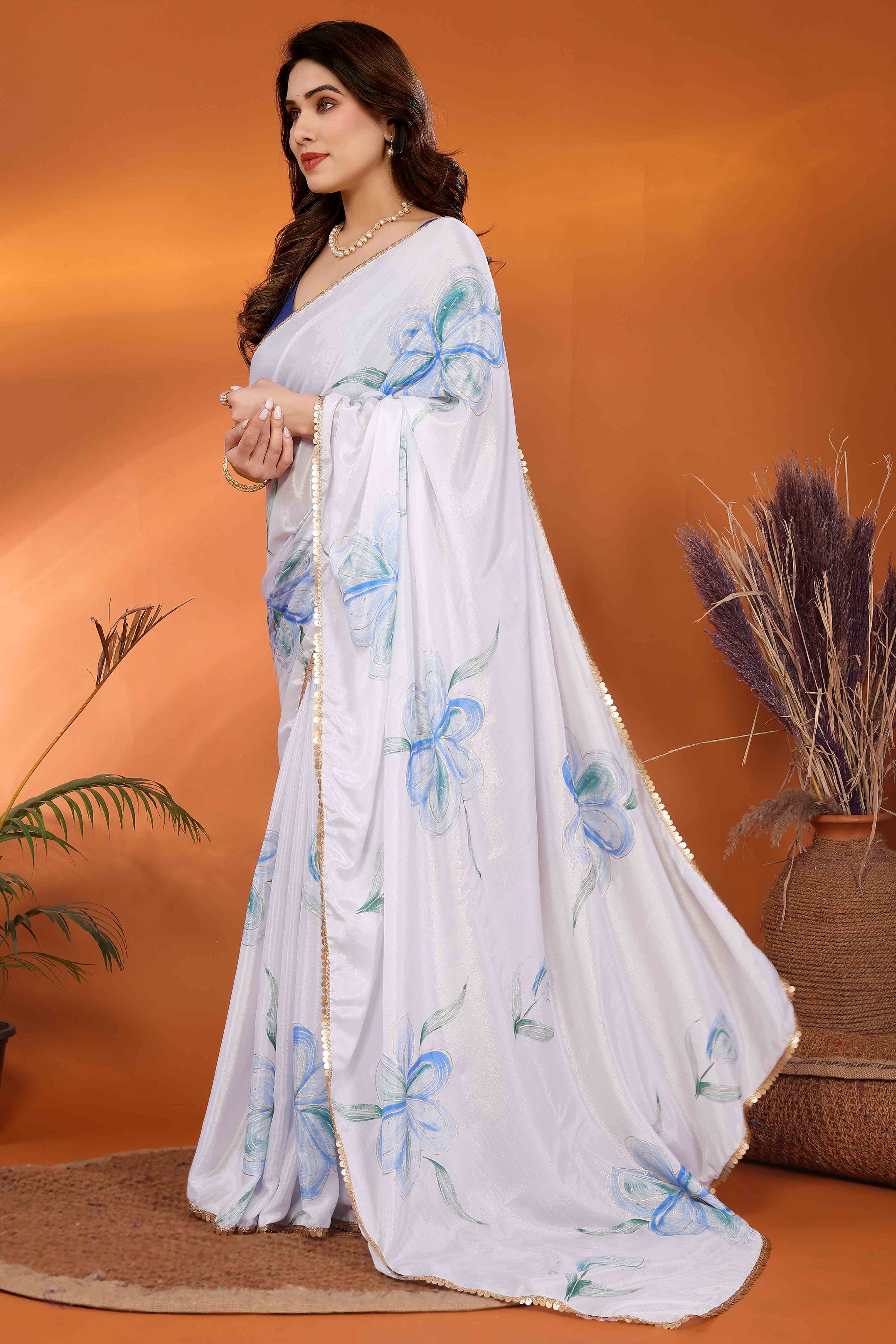 White & Blue Floral Printed Chiffon Saree