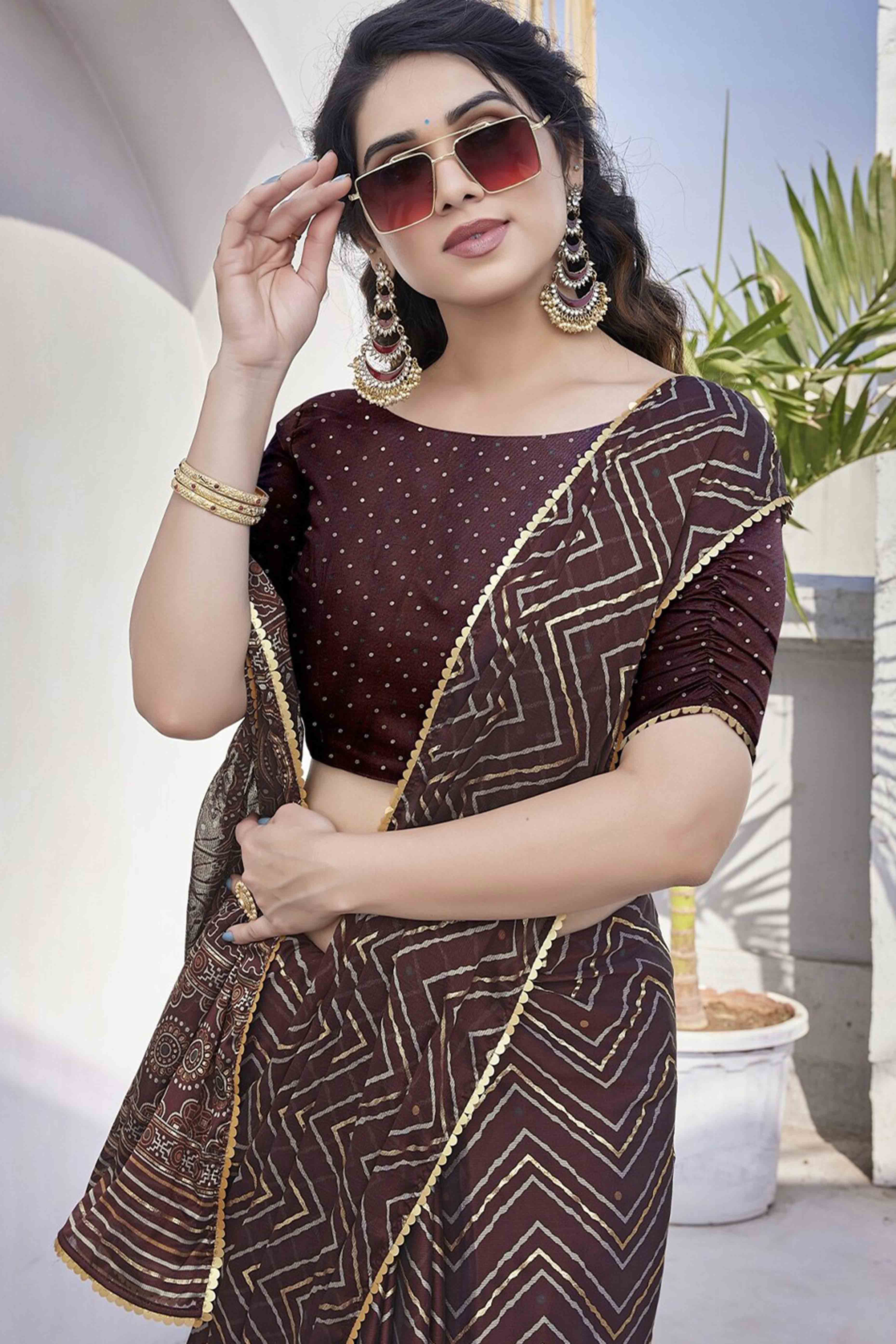 Dark Wine Chiffon Saree With Zig-Zag Foil Print & Golden Lace Border