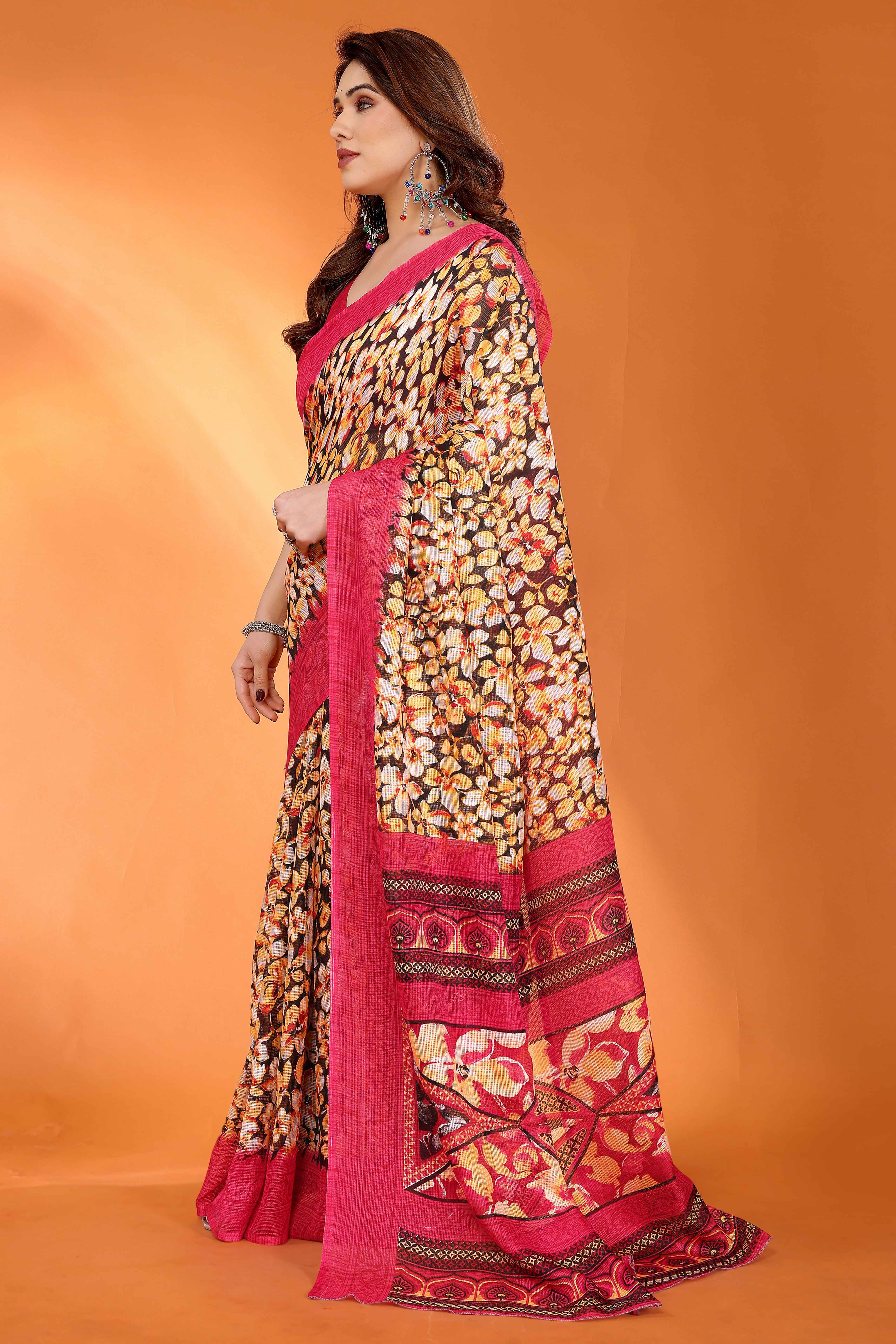 Gajari Pink Kota Doria Saree with Graceful Floral Print Work